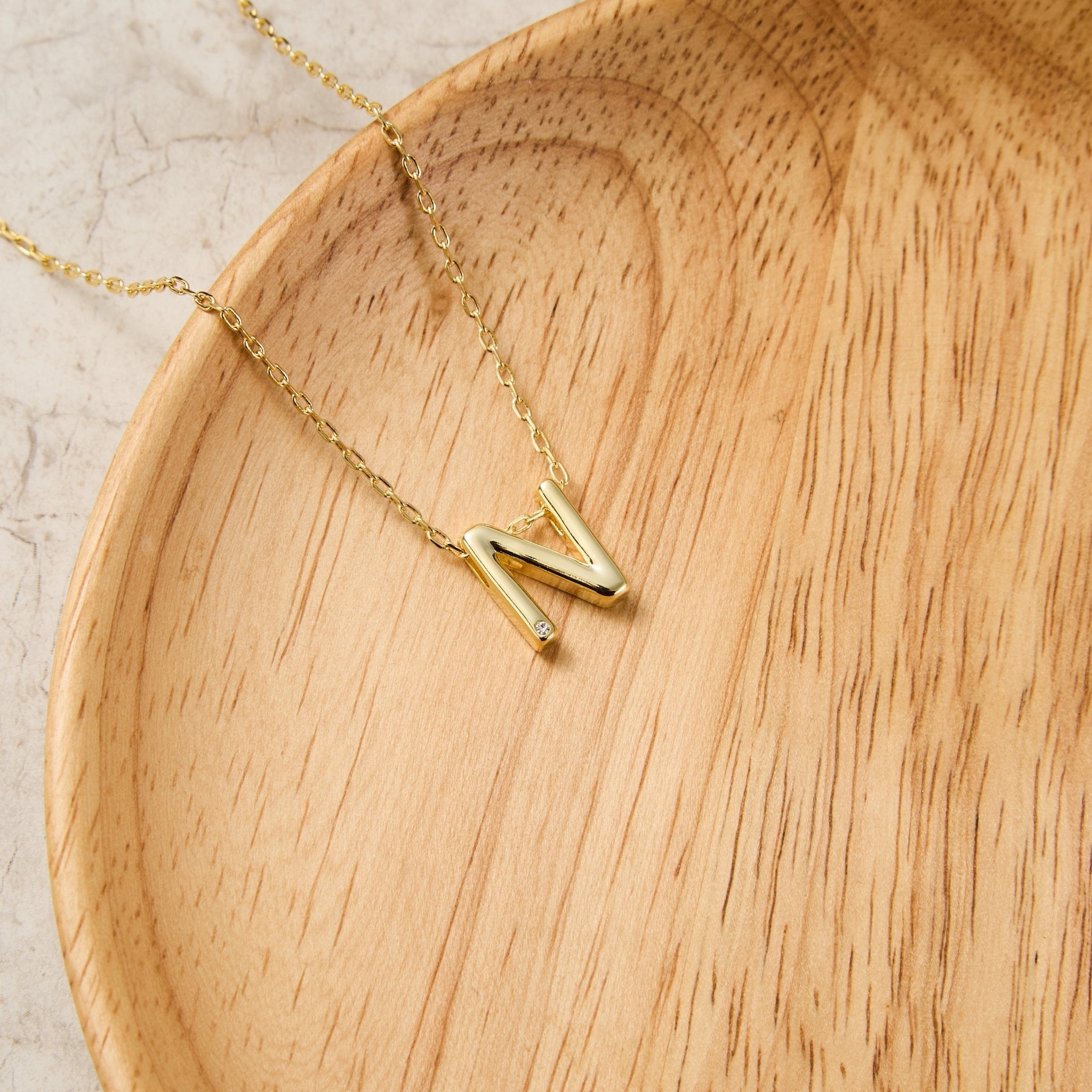 18k Gold Plated Initial Necklace Letter N Created with Zircondia® Crystals