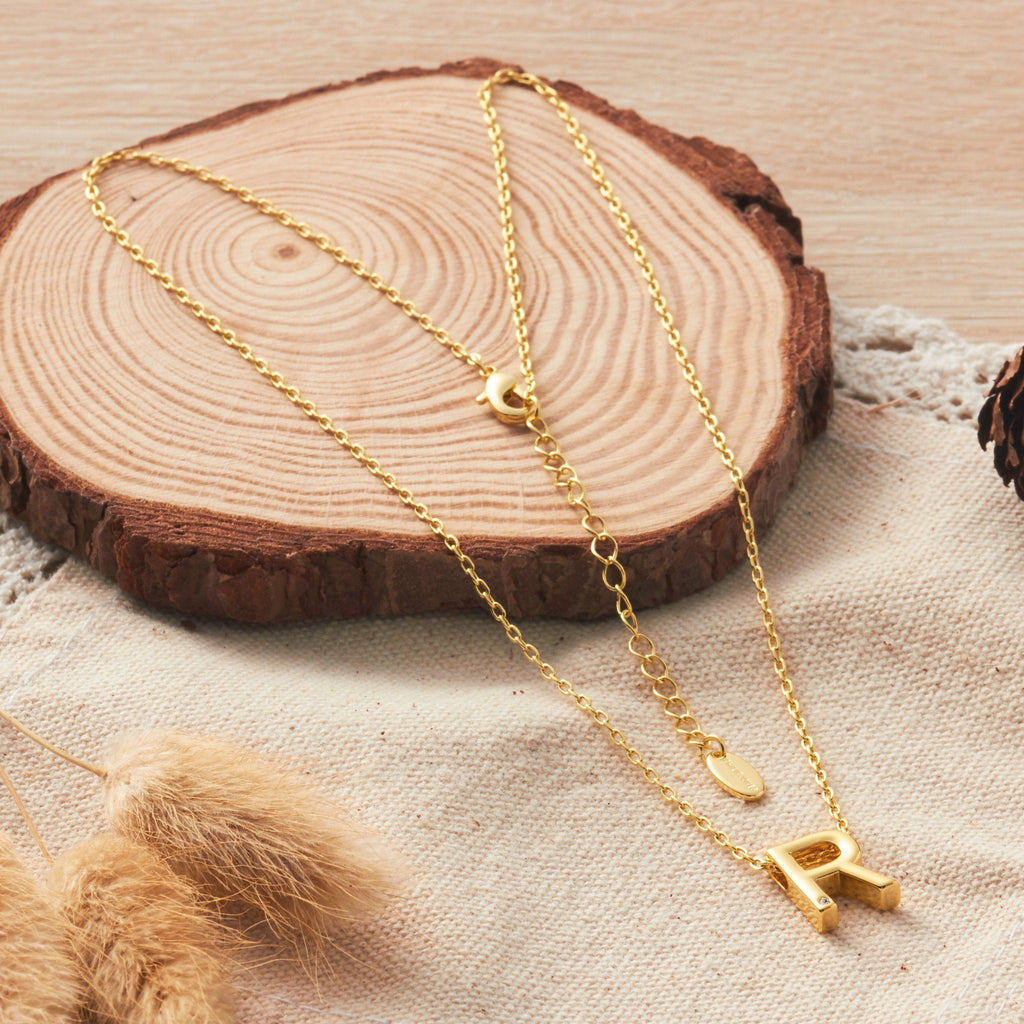 18k Gold Plated Initial Necklace Letter R Created with Zircondia® Crystals