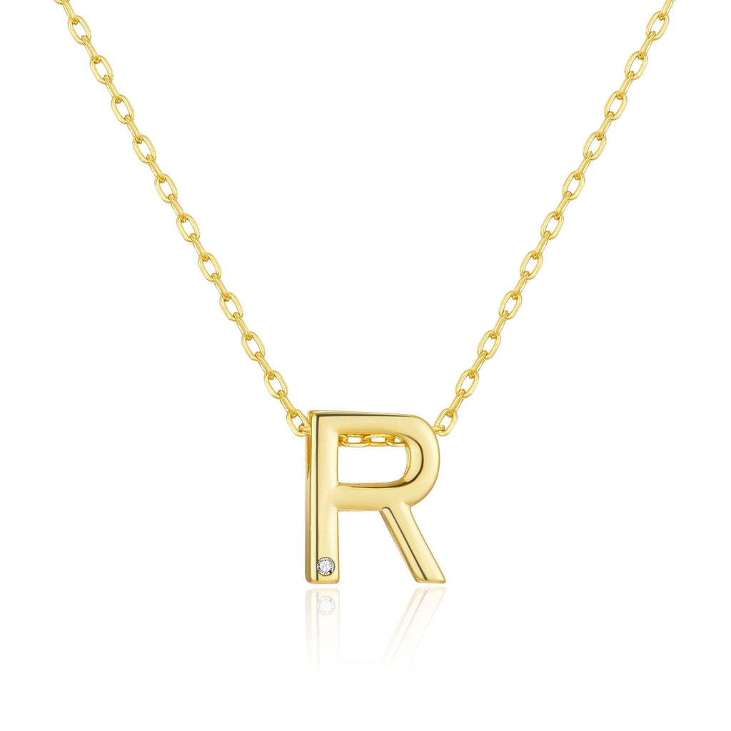 18k Gold Plated Initial Necklace Letter R Created with Zircondia® Crystals