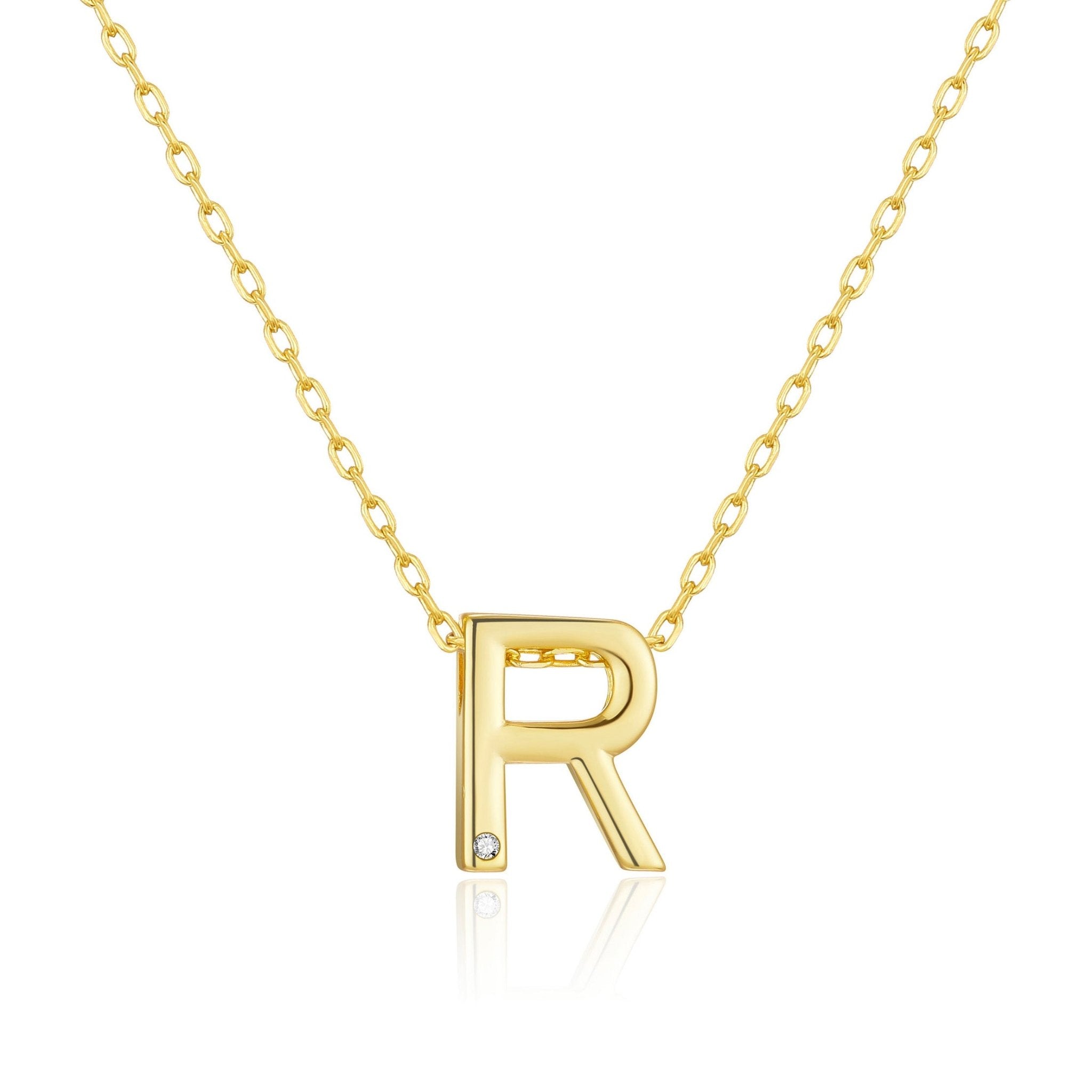 18k Gold Plated Initial Necklace Letter R Created with Zircondia® Crystals
