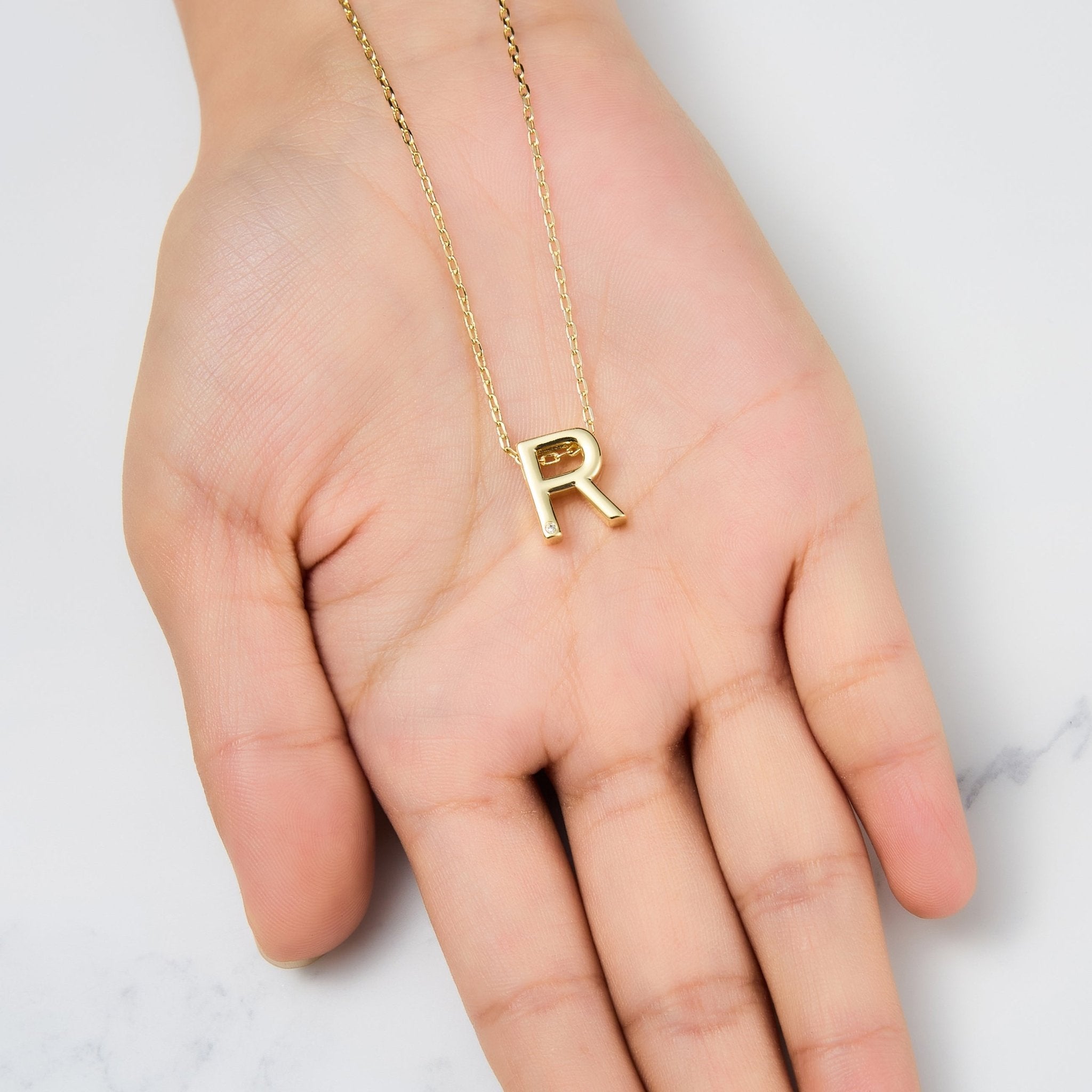 18k Gold Plated Initial Necklace Letter R Created with Zircondia® Crystals
