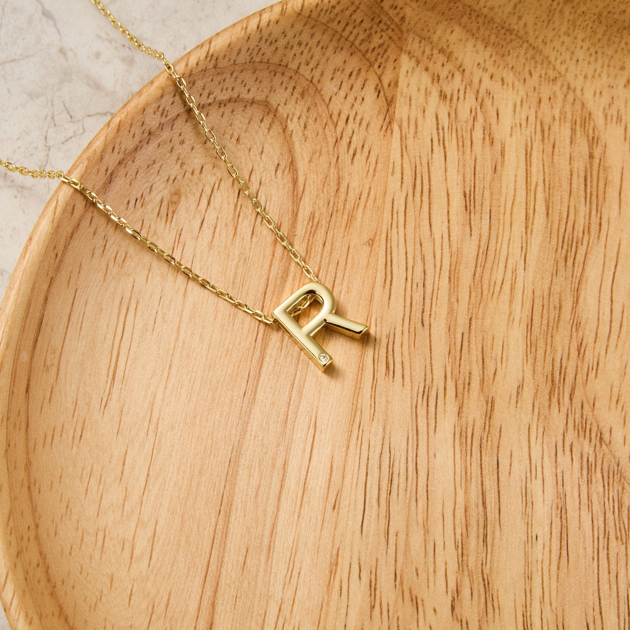 18k Gold Plated Initial Necklace Letter R Created with Zircondia® Crystals
