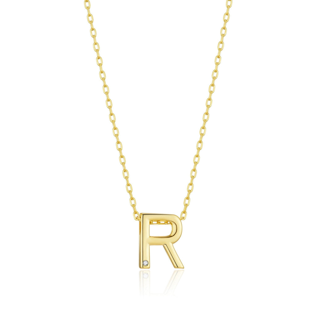 18k Gold Plated Initial Necklace Letter R Created with Zircondia® Crystals