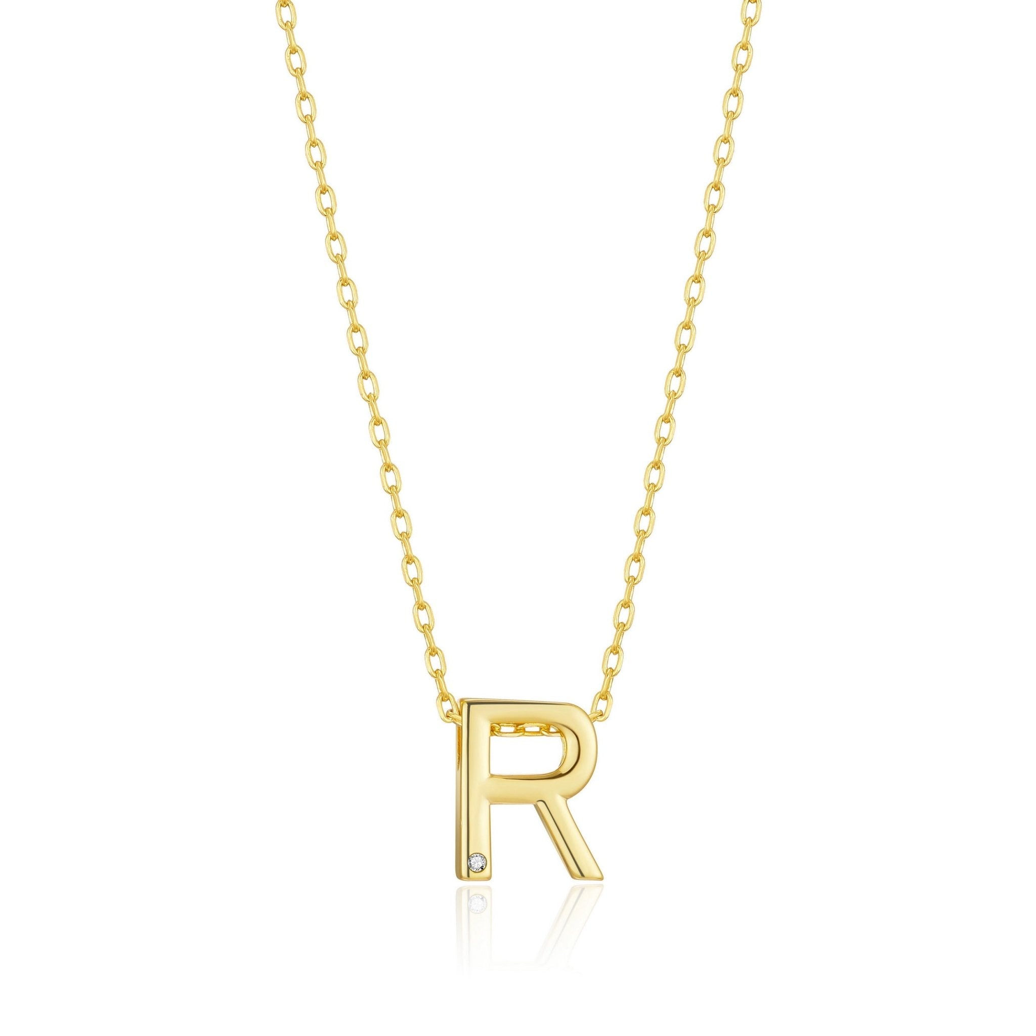 18k Gold Plated Initial Necklace Letter R Created with Zircondia® Crystals