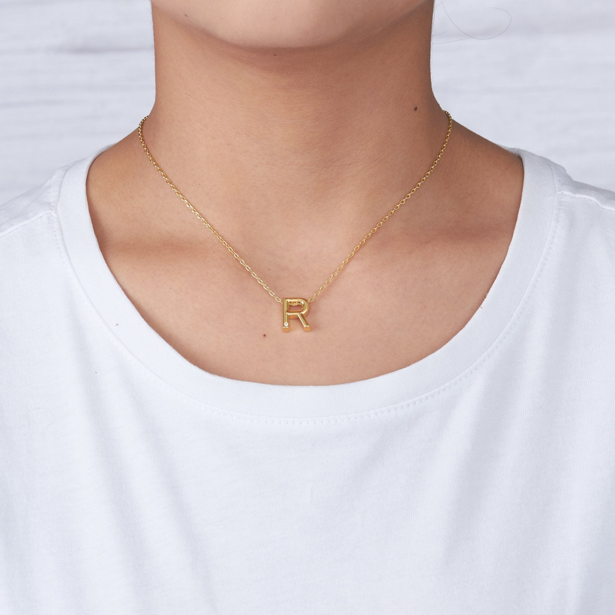 18k Gold Plated Initial Necklace Letter R Created with Zircondia® Crystals