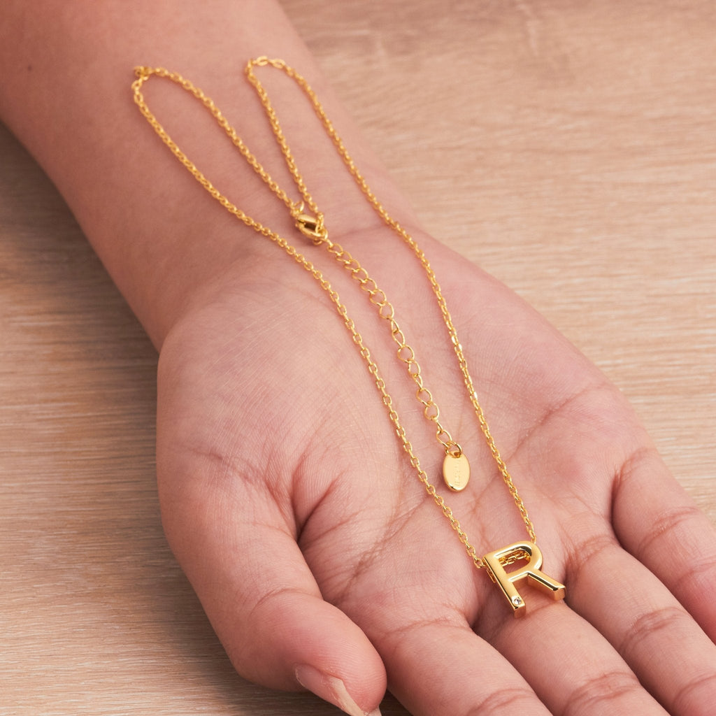 18k Gold Plated Initial Necklace Letter R Created with Zircondia® Crystals