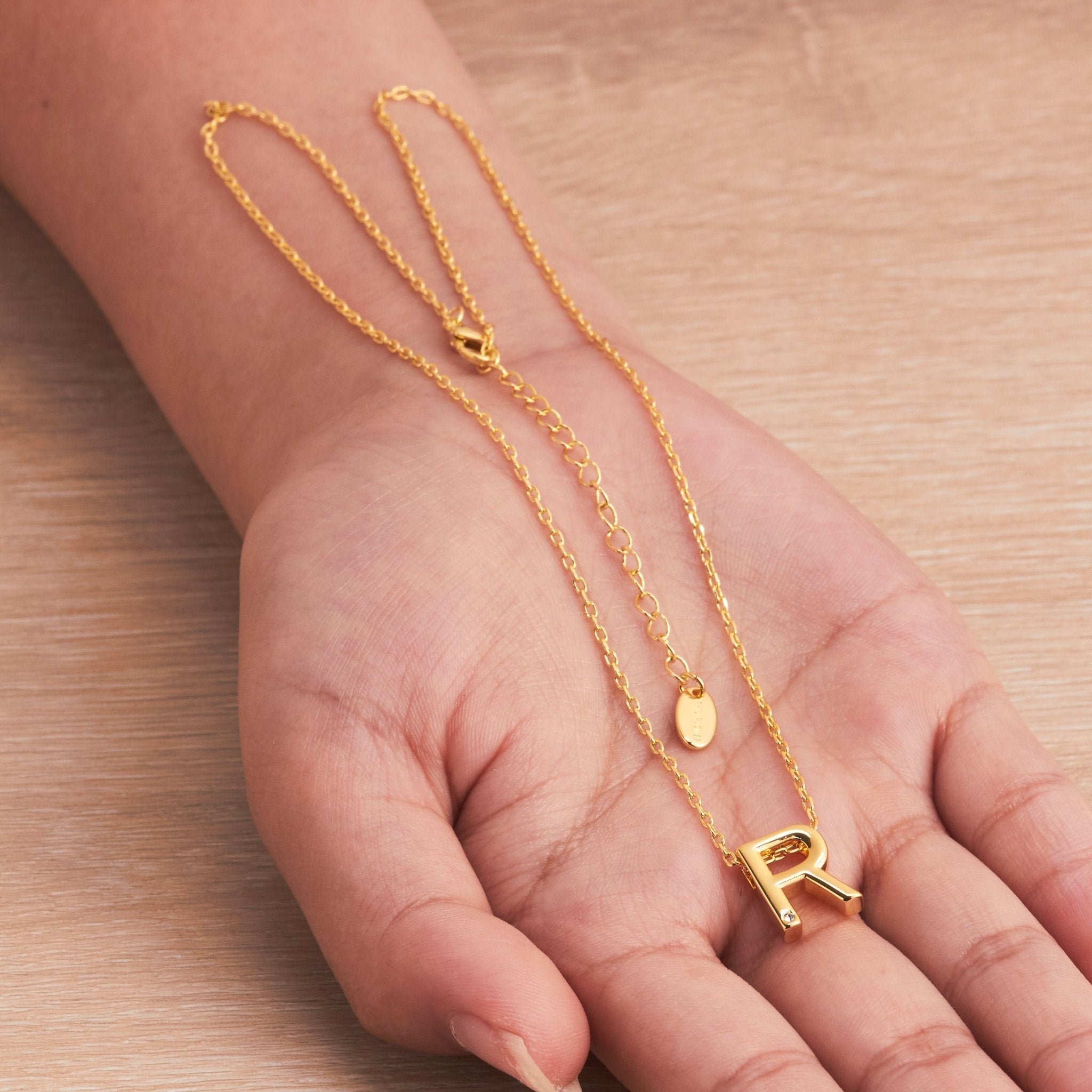 18k Gold Plated Initial Necklace Letter R Created with Zircondia® Crystals
