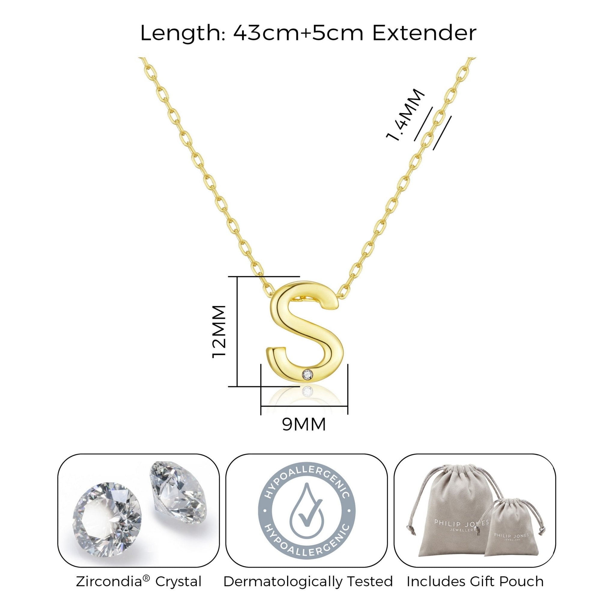 18k Gold Plated Initial Necklace Letter S Created with Zircondia® Crystals