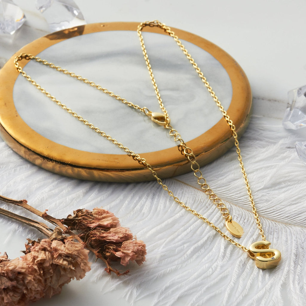 18k Gold Plated Initial Necklace Letter S Created with Zircondia® Crystals