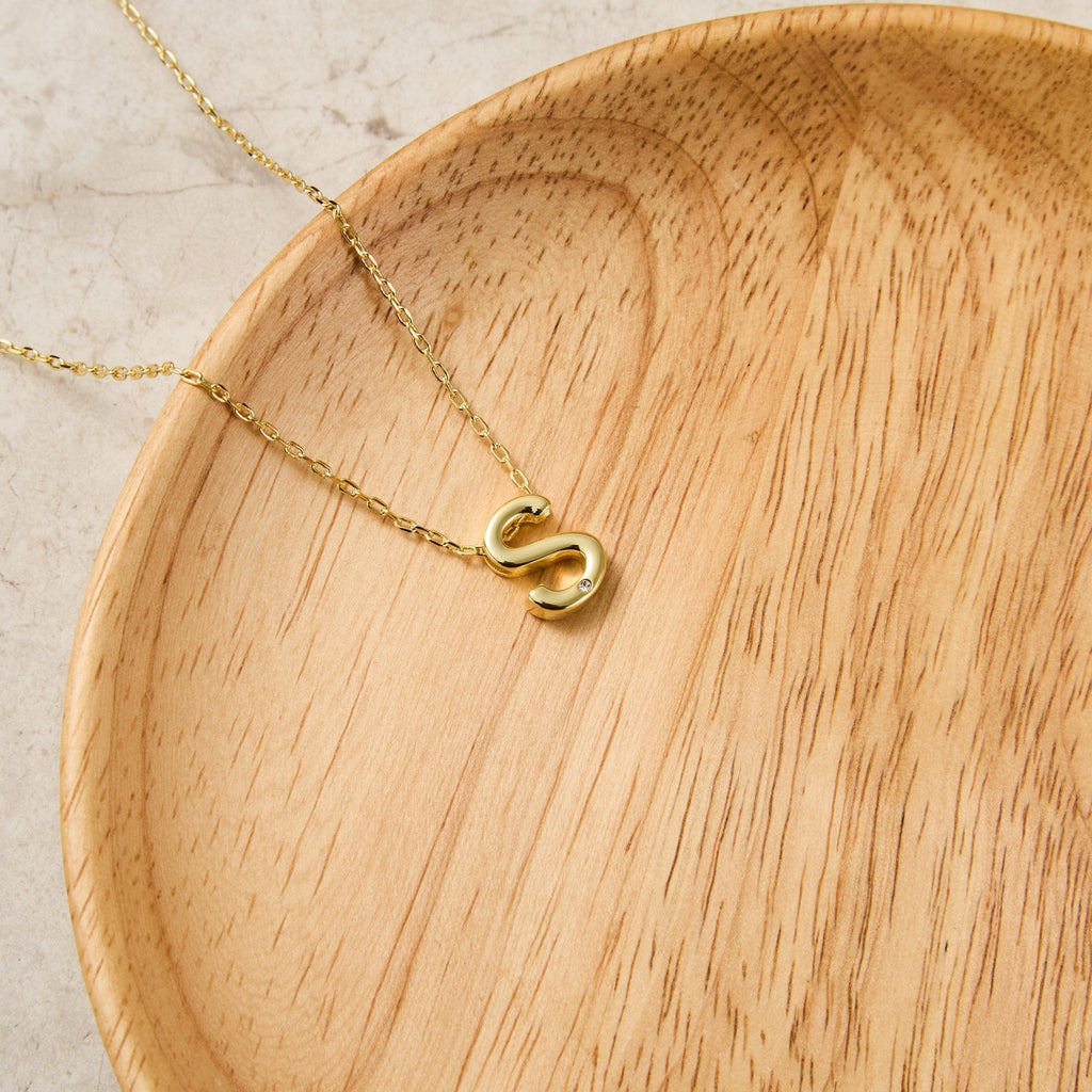 18k Gold Plated Initial Necklace Letter S Created with Zircondia® Crystals