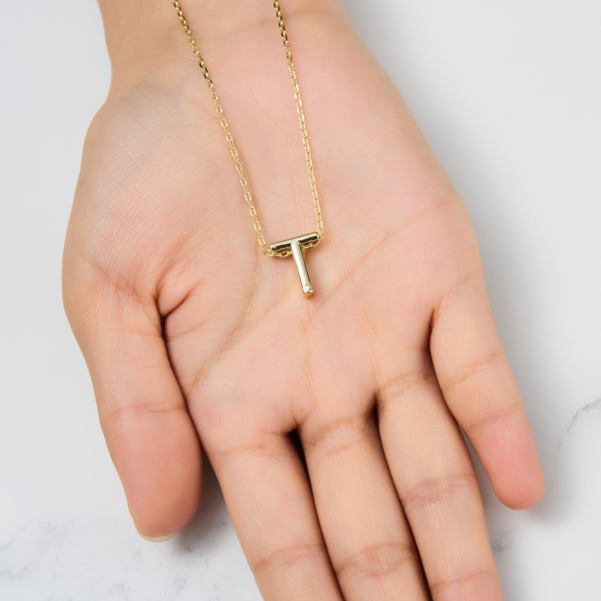 18k Gold Plated Initial Necklace Letter T Created with Zircondia® Crystals