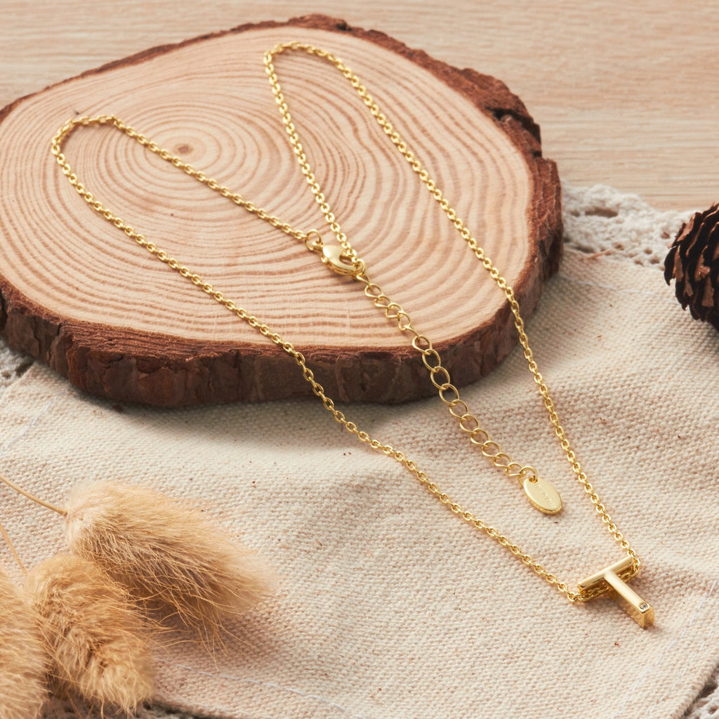 18k Gold Plated Initial Necklace Letter T Created with Zircondia® Crystals