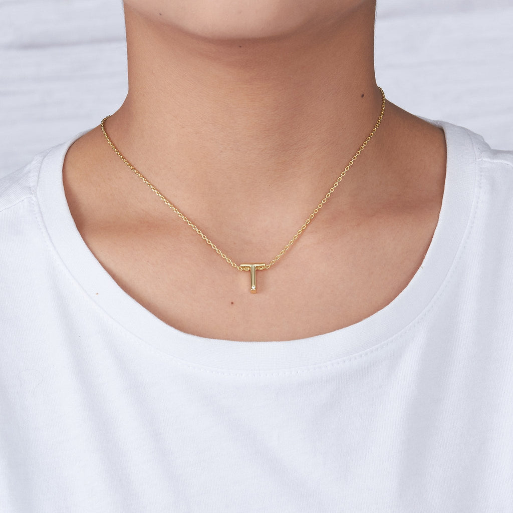 18k Gold Plated Initial Necklace Letter T Created with Zircondia® Crystals
