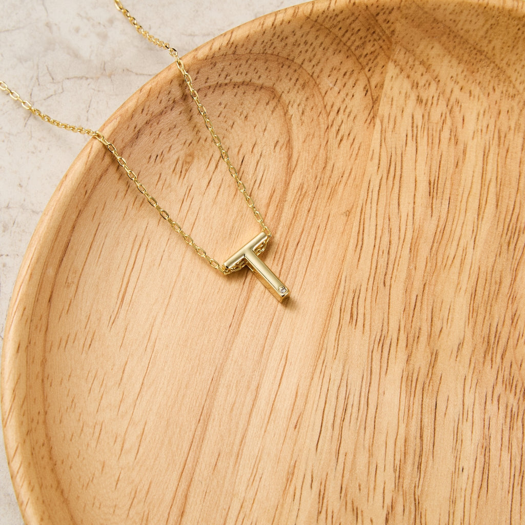 18k Gold Plated Initial Necklace Letter T Created with Zircondia® Crystals