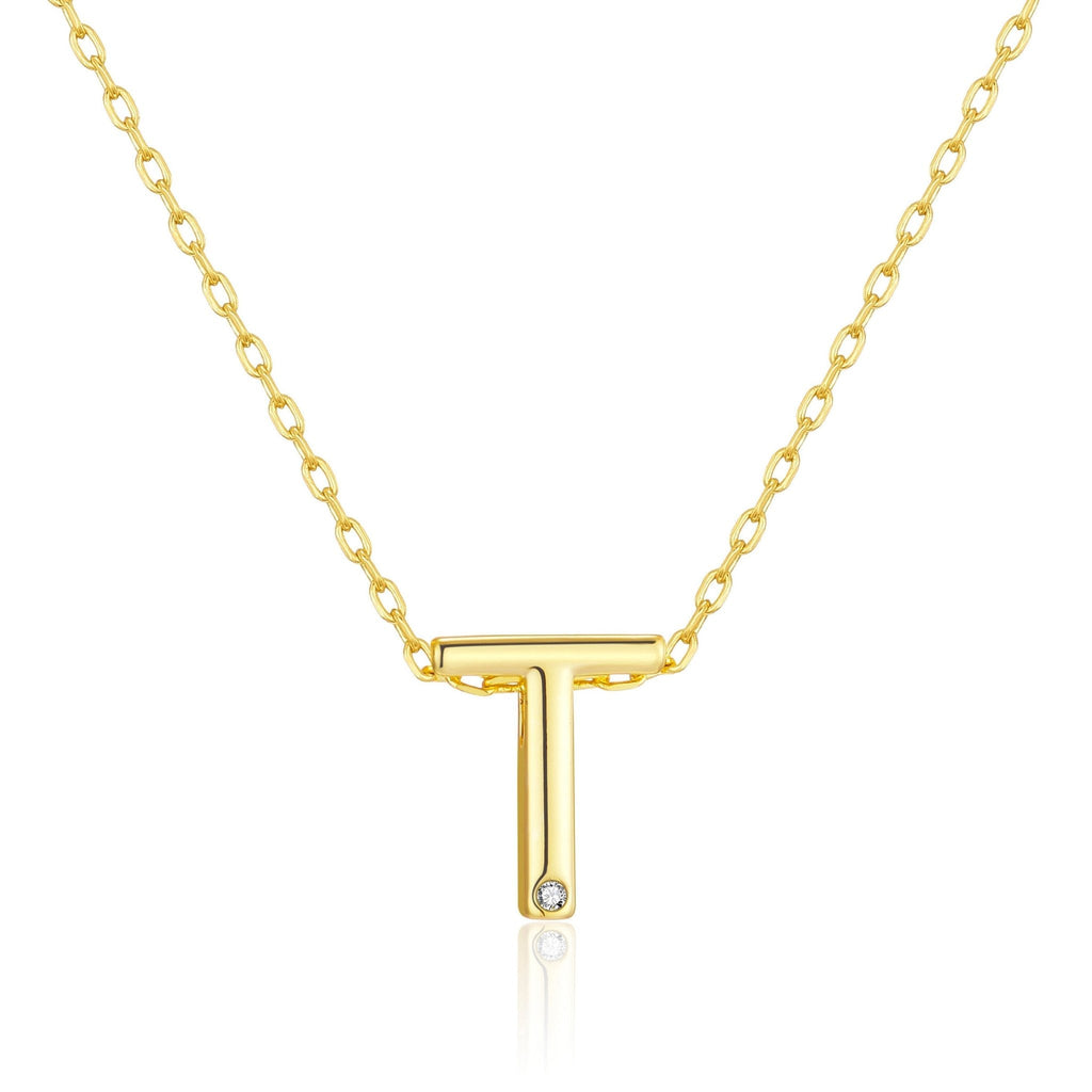 18k Gold Plated Initial Necklace Letter T Created with Zircondia® Crystals