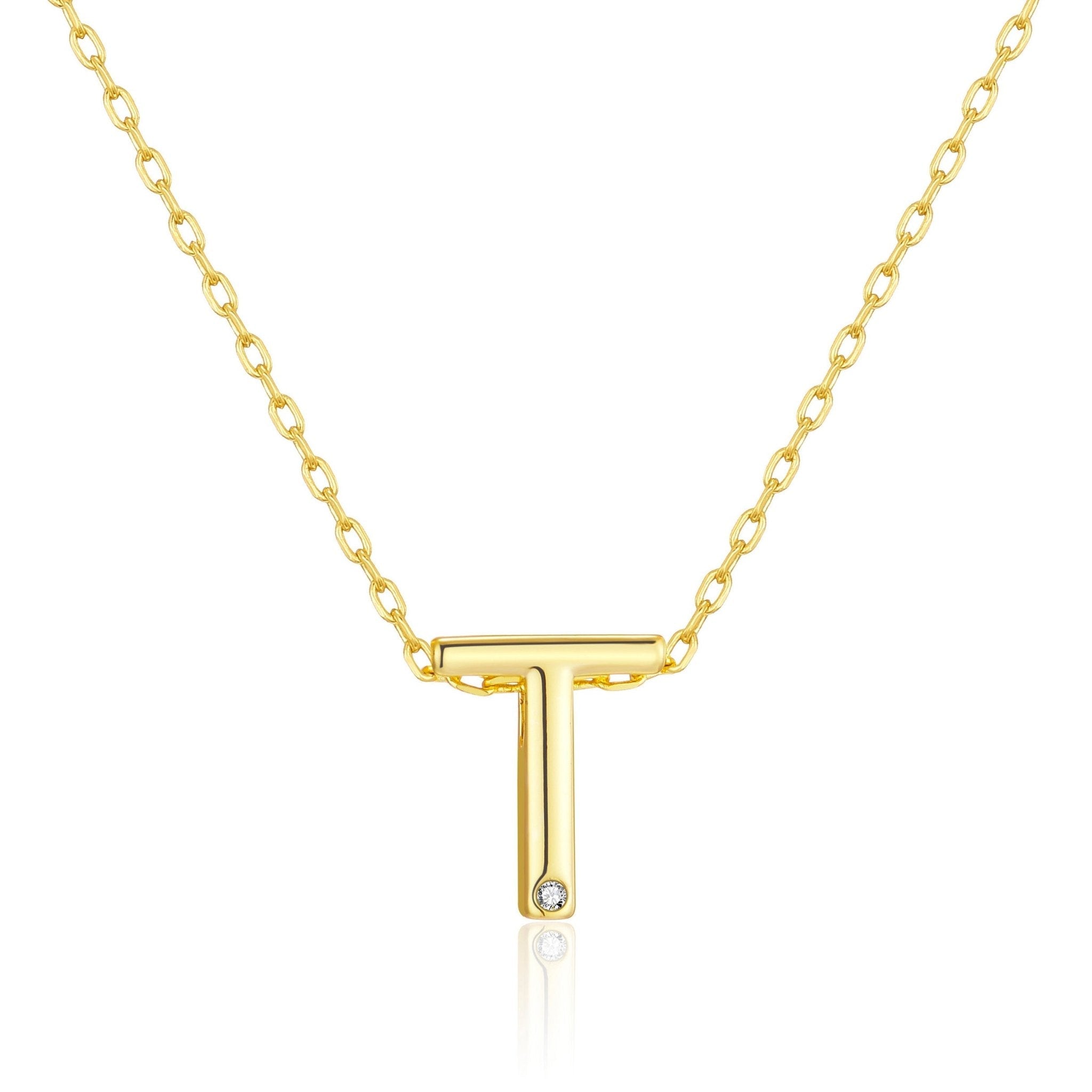 18k Gold Plated Initial Necklace Letter T Created with Zircondia® Crystals