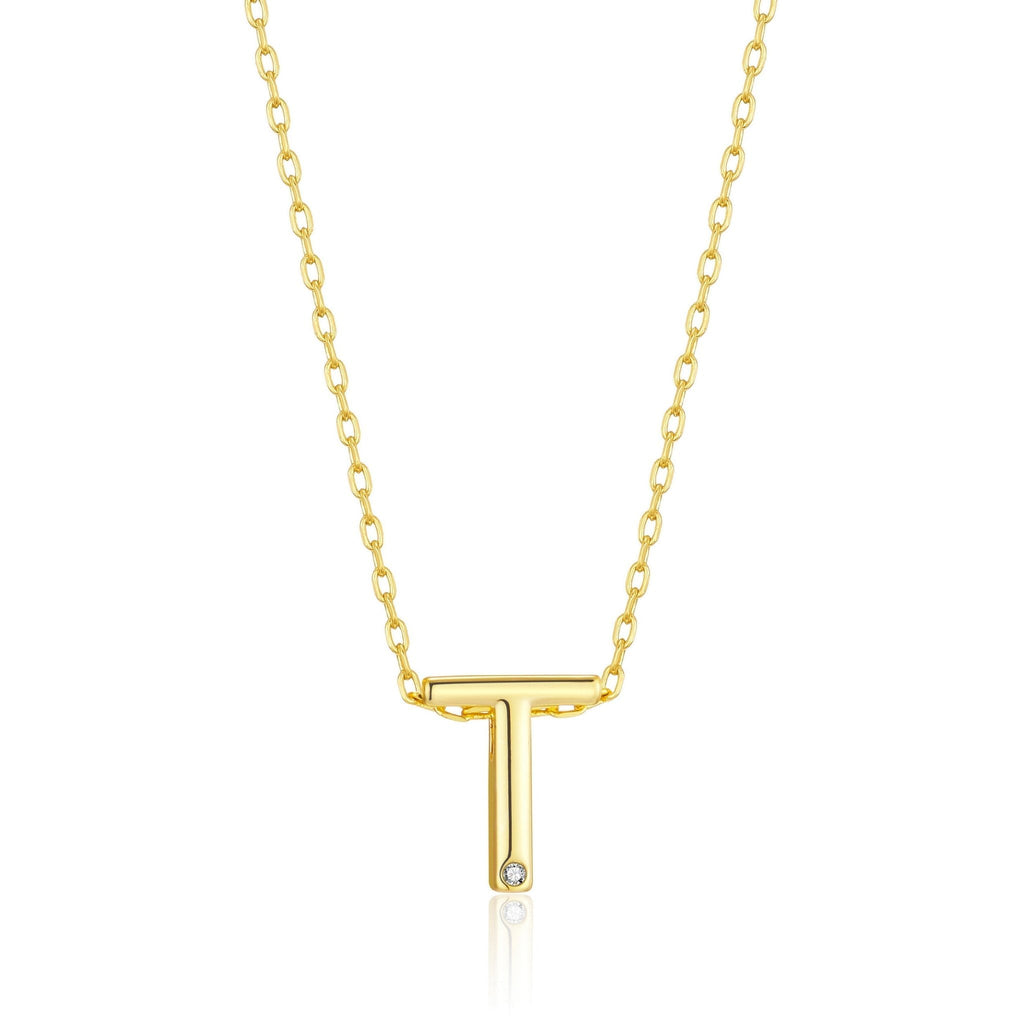 18k Gold Plated Initial Necklace Letter T Created with Zircondia® Crystals