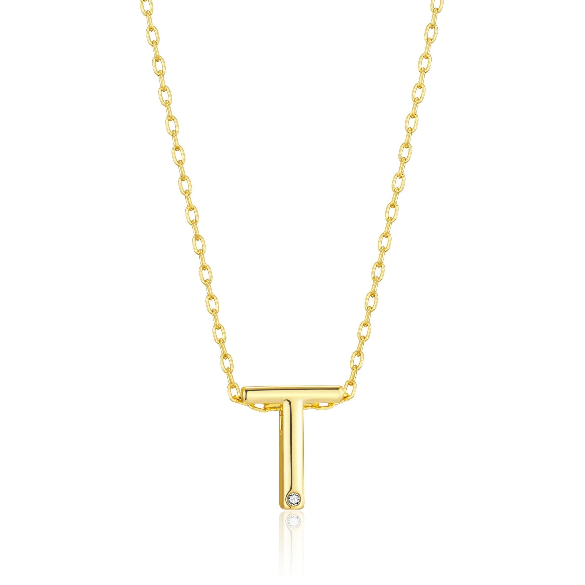 18k Gold Plated Initial Necklace Letter T Created with Zircondia® Crystals