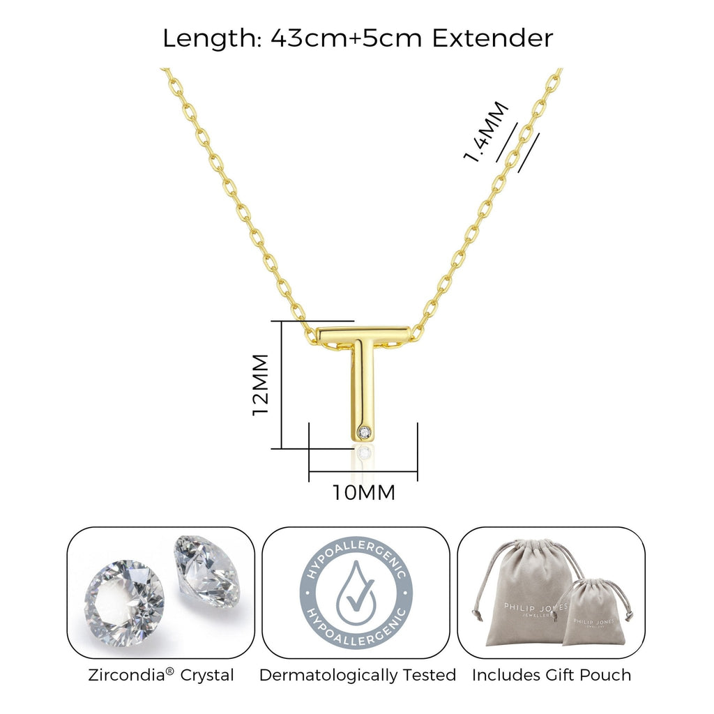 18k Gold Plated Initial Necklace Letter T Created with Zircondia® Crystals