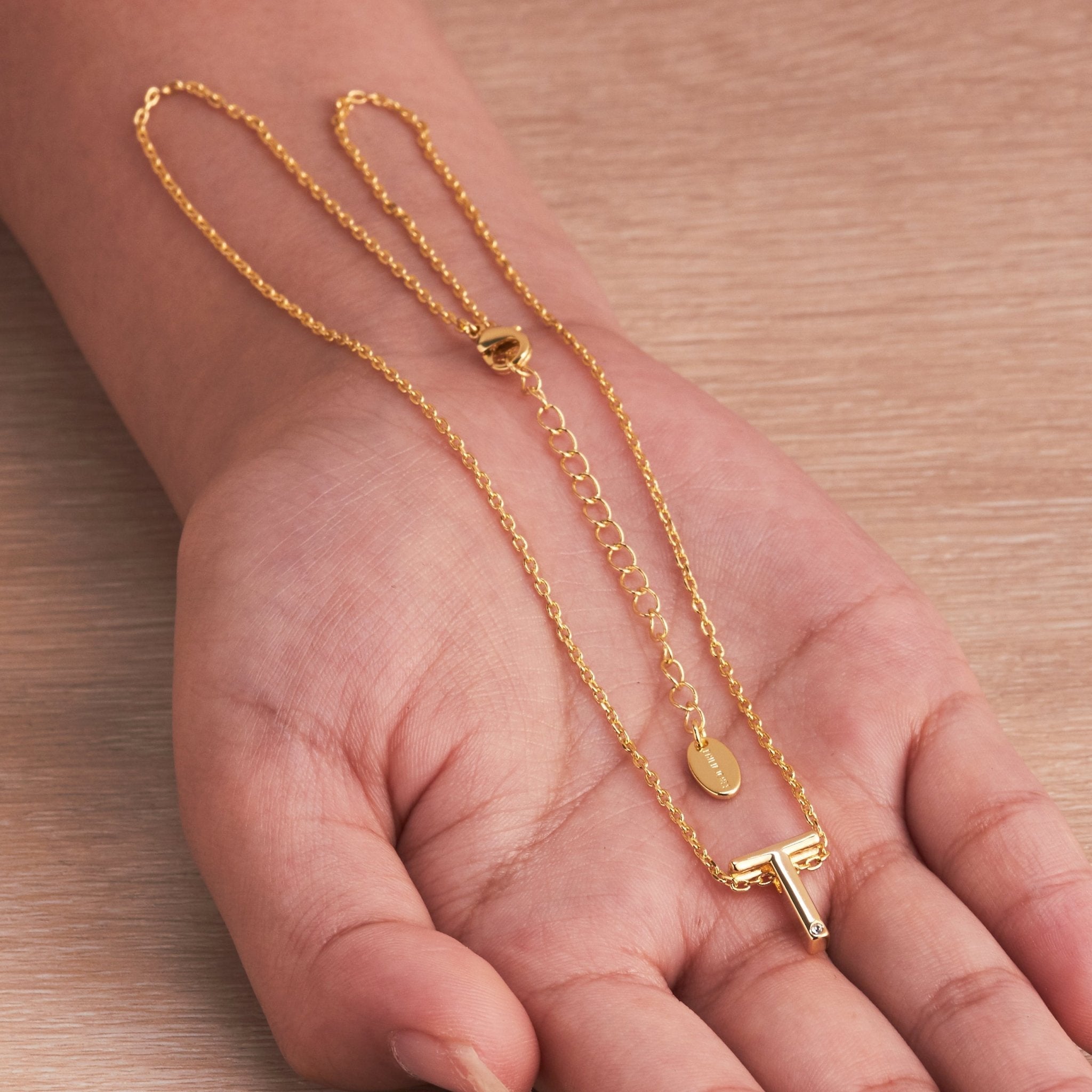 18k Gold Plated Initial Necklace Letter T Created with Zircondia® Crystals