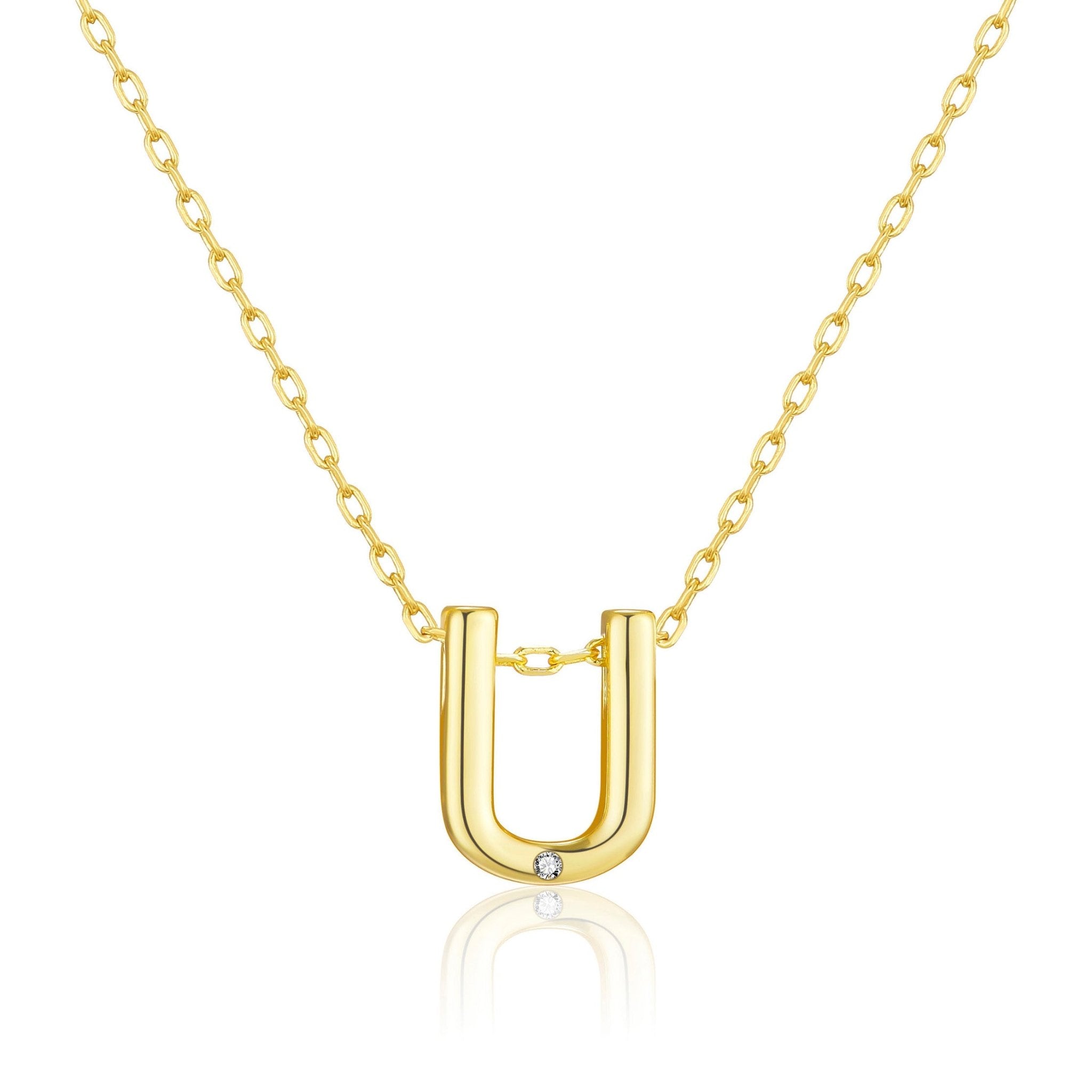 18k Gold Plated Initial Necklace Letter U Created with Zircondia® Crystals