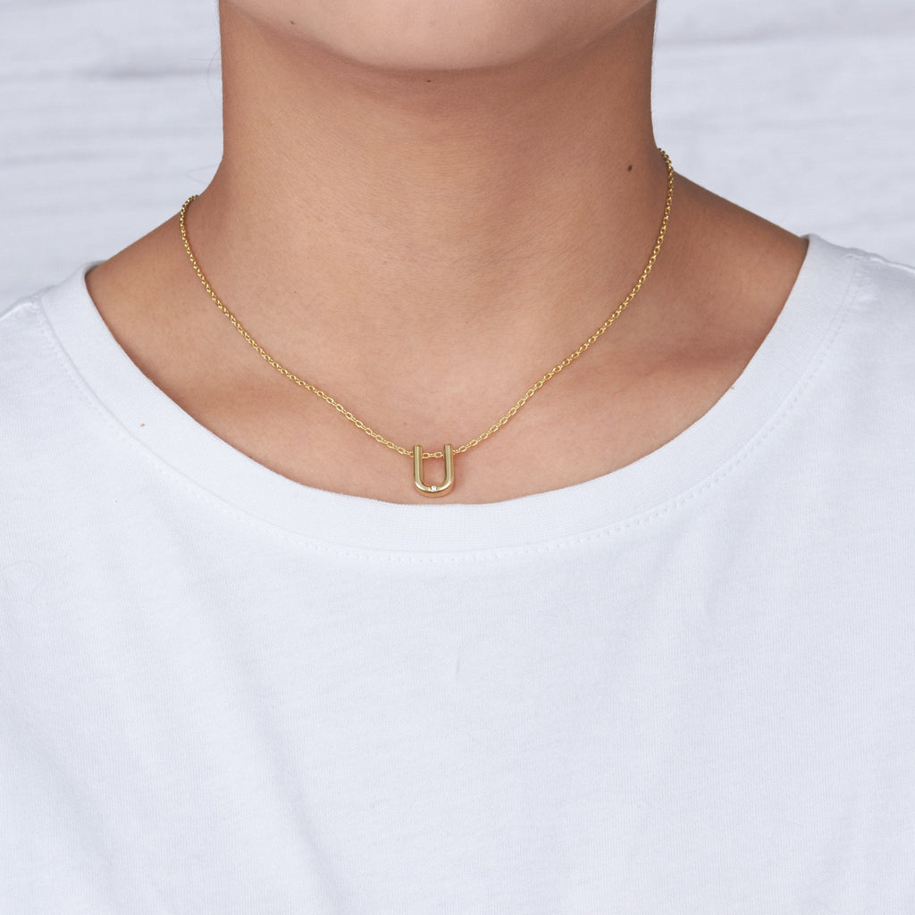 18k Gold Plated Initial Necklace Letter U Created with Zircondia® Crystals