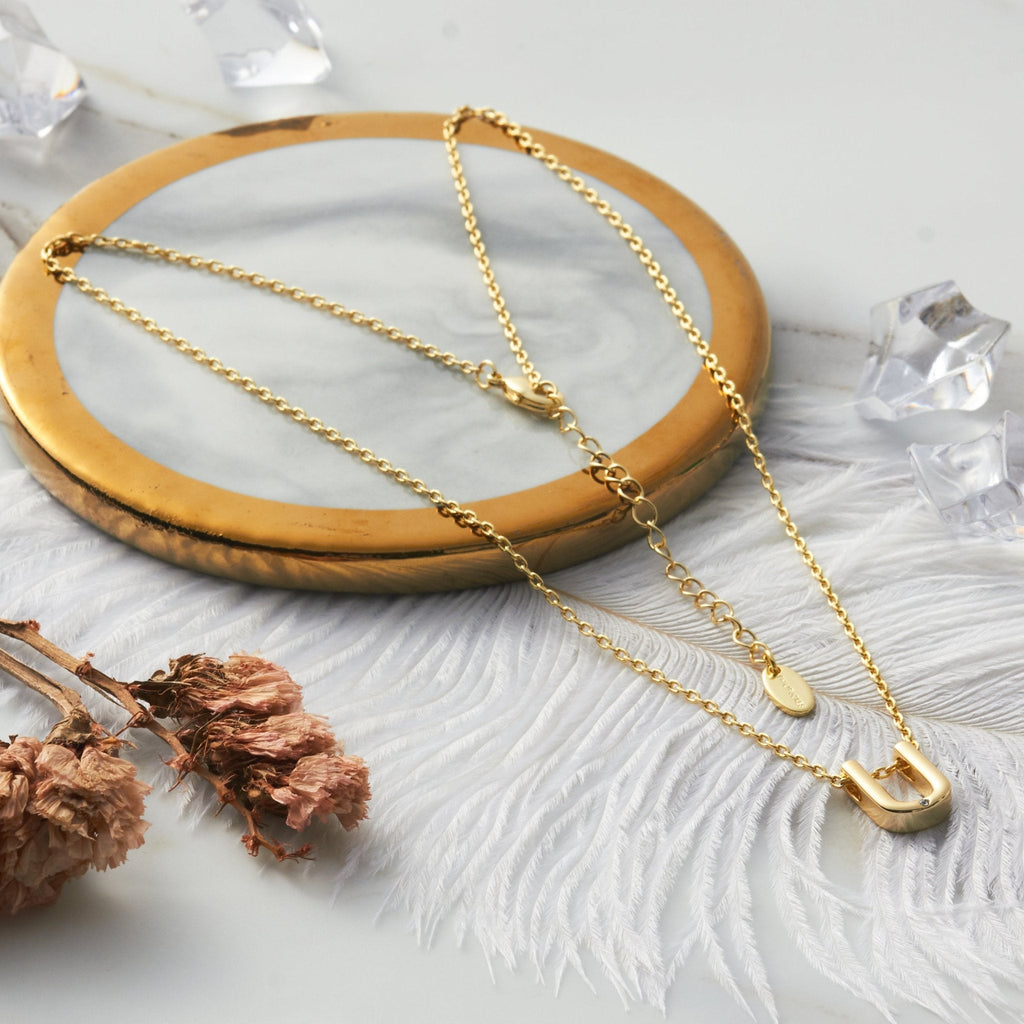 18k Gold Plated Initial Necklace Letter U Created with Zircondia® Crystals