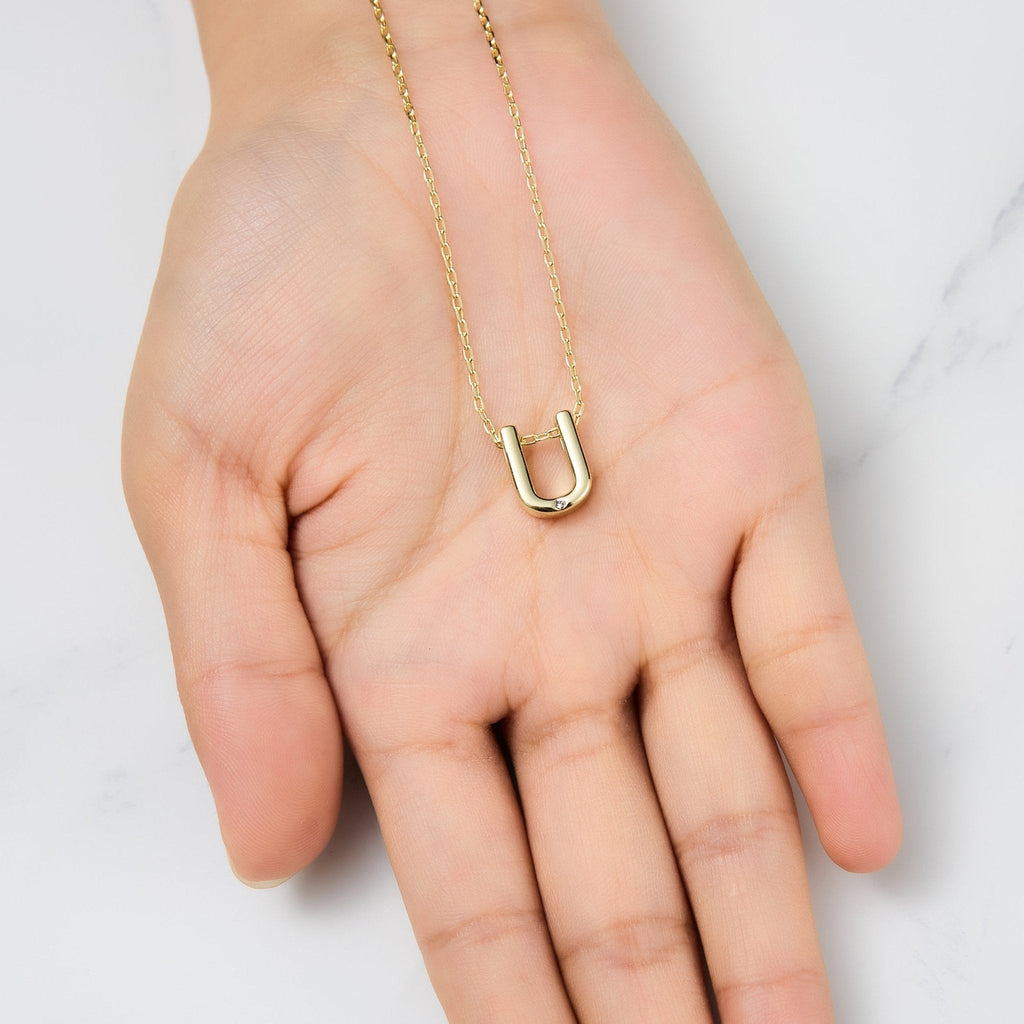 18k Gold Plated Initial Necklace Letter U Created with Zircondia® Crystals