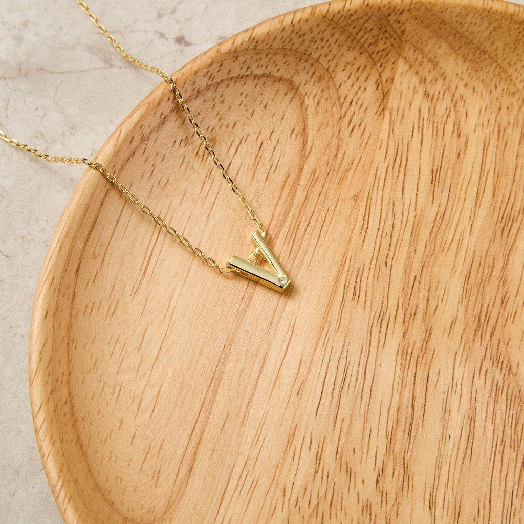 18k Gold Plated Initial Necklace Letter V Created with Zircondia® Crystals