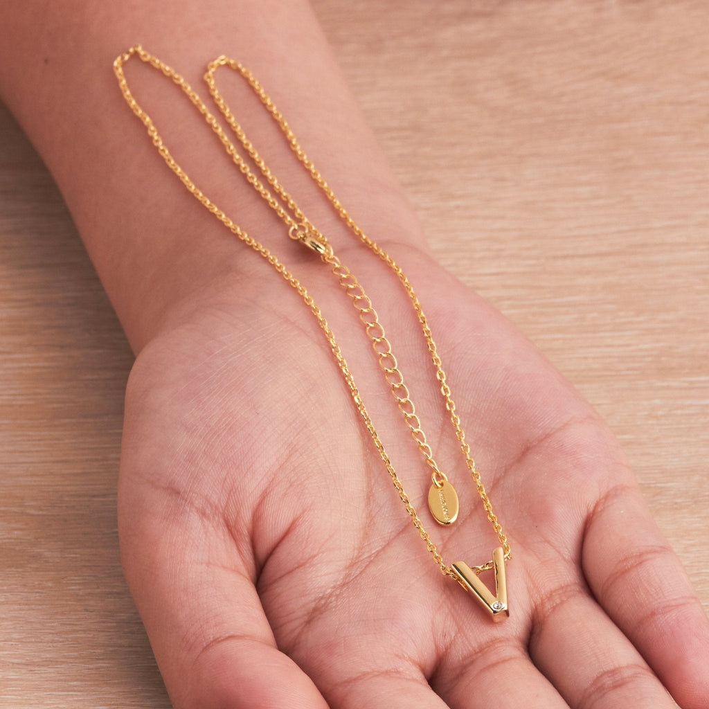 18k Gold Plated Initial Necklace Letter V Created with Zircondia® Crystals