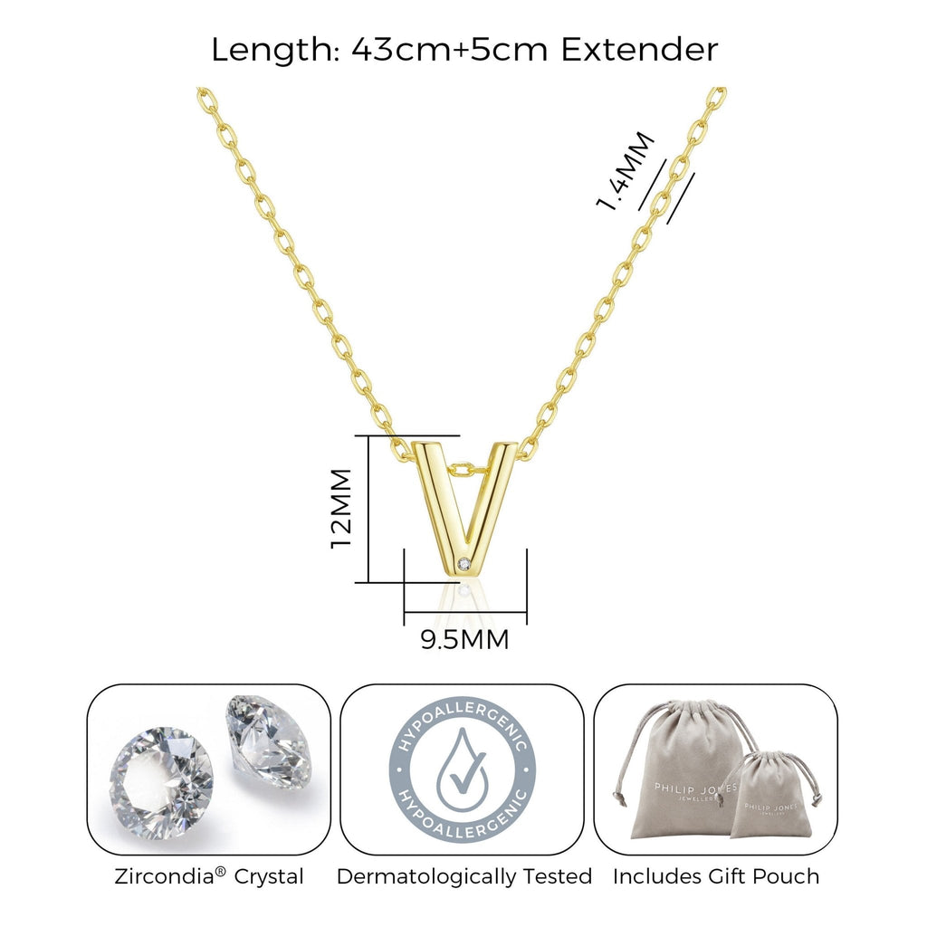 18k Gold Plated Initial Necklace Letter V Created with Zircondia® Crystals