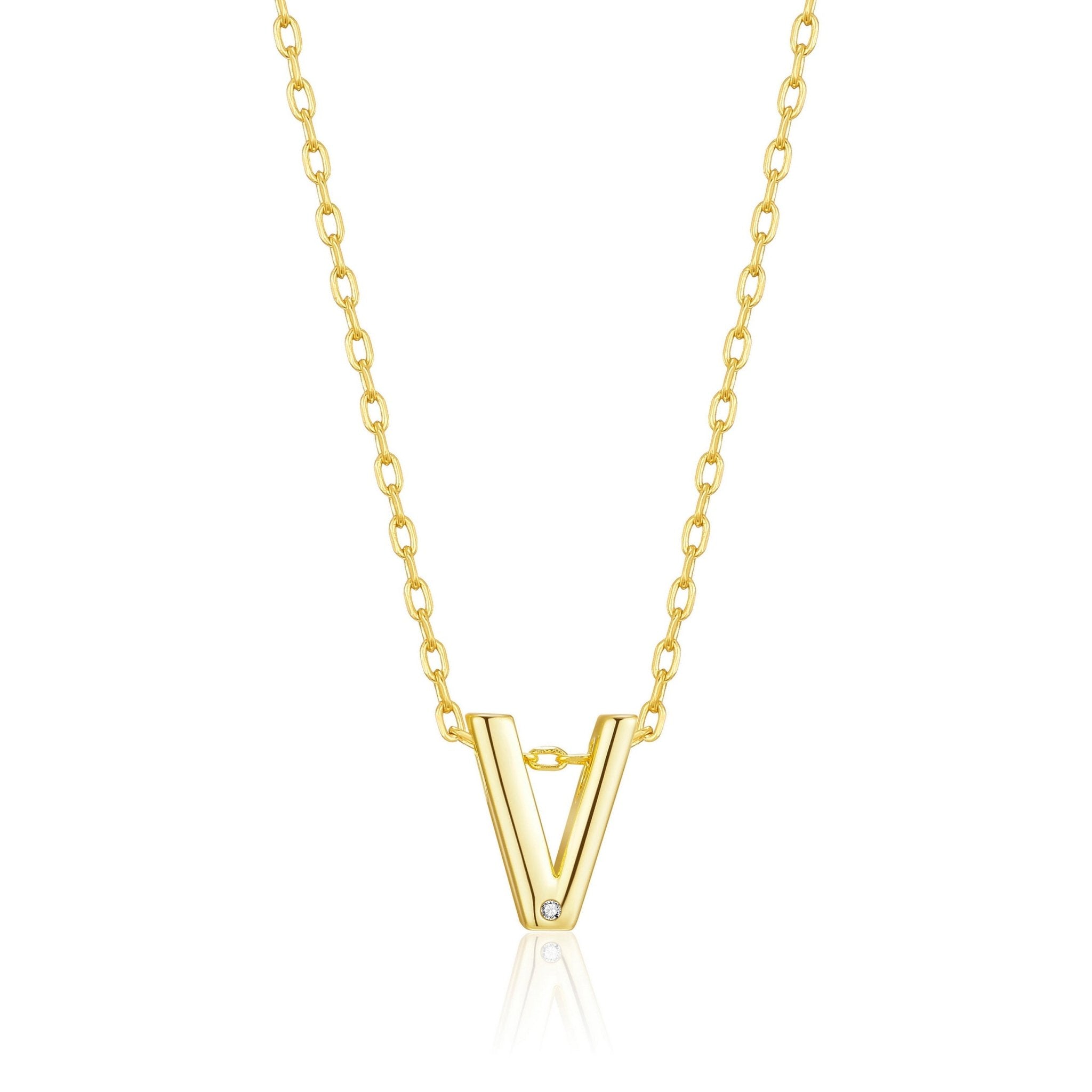 18k Gold Plated Initial Necklace Letter V Created with Zircondia® Crystals