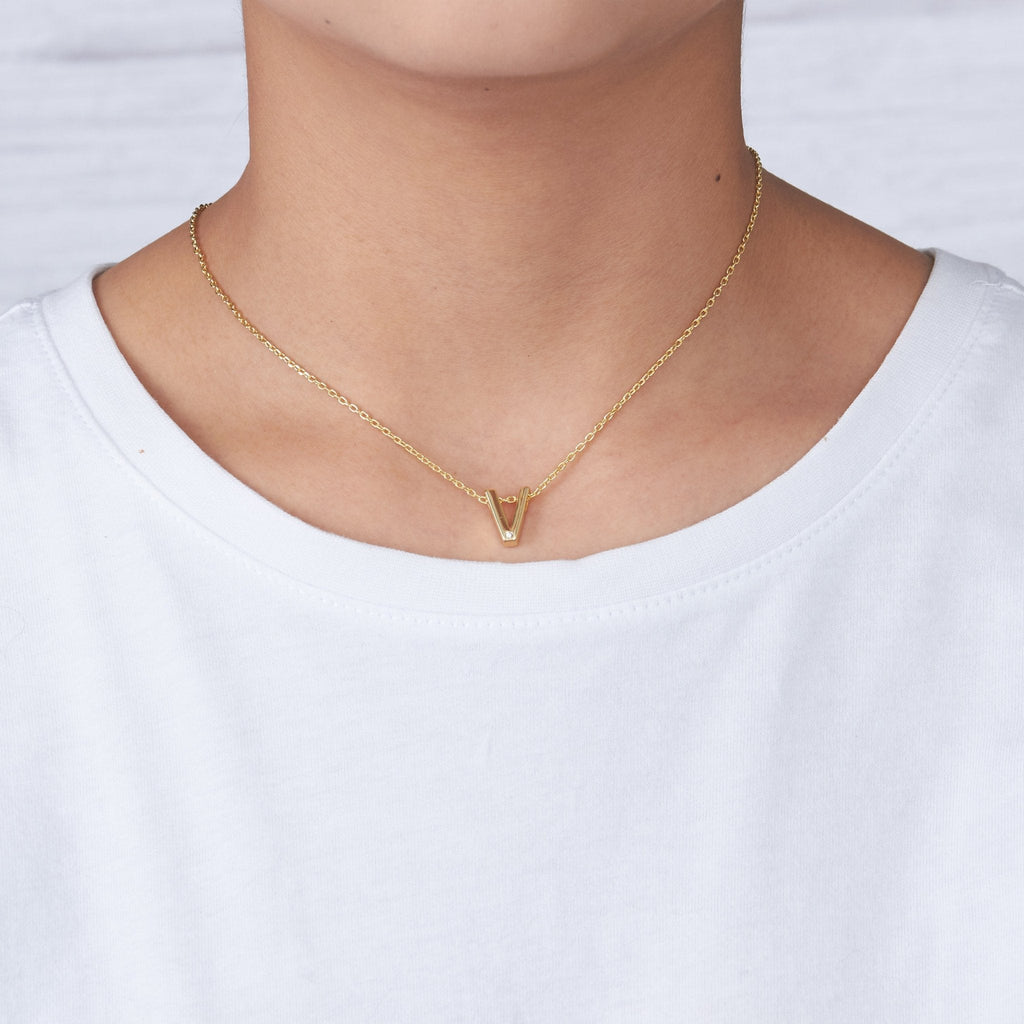 18k Gold Plated Initial Necklace Letter V Created with Zircondia® Crystals