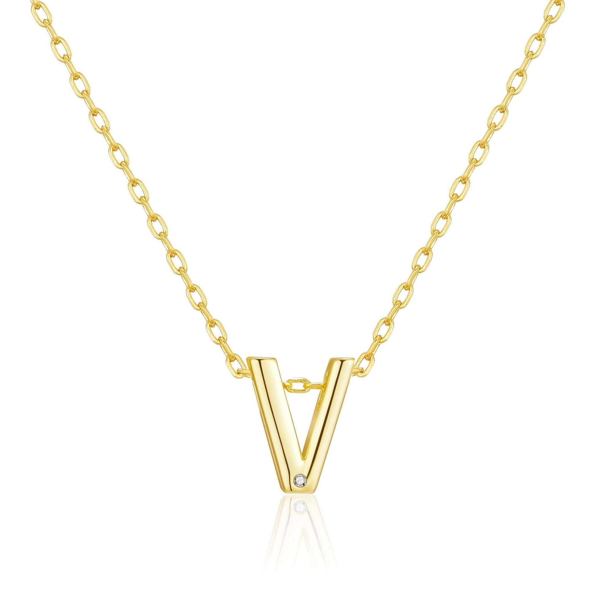 18k Gold Plated Initial Necklace Letter V Created with Zircondia® Crystals