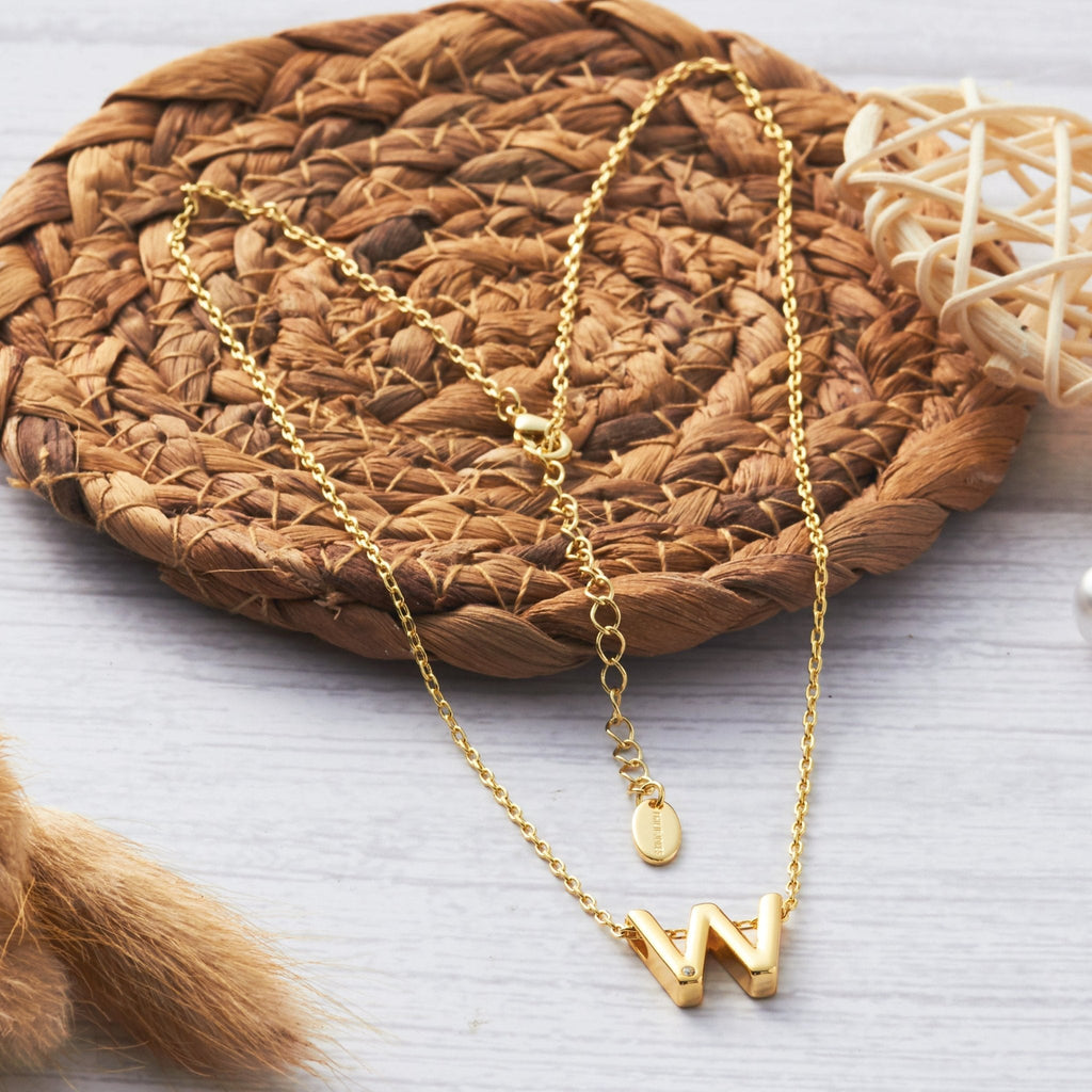 18k Gold Plated Initial Necklace Letter W Created with Zircondia® Crystals