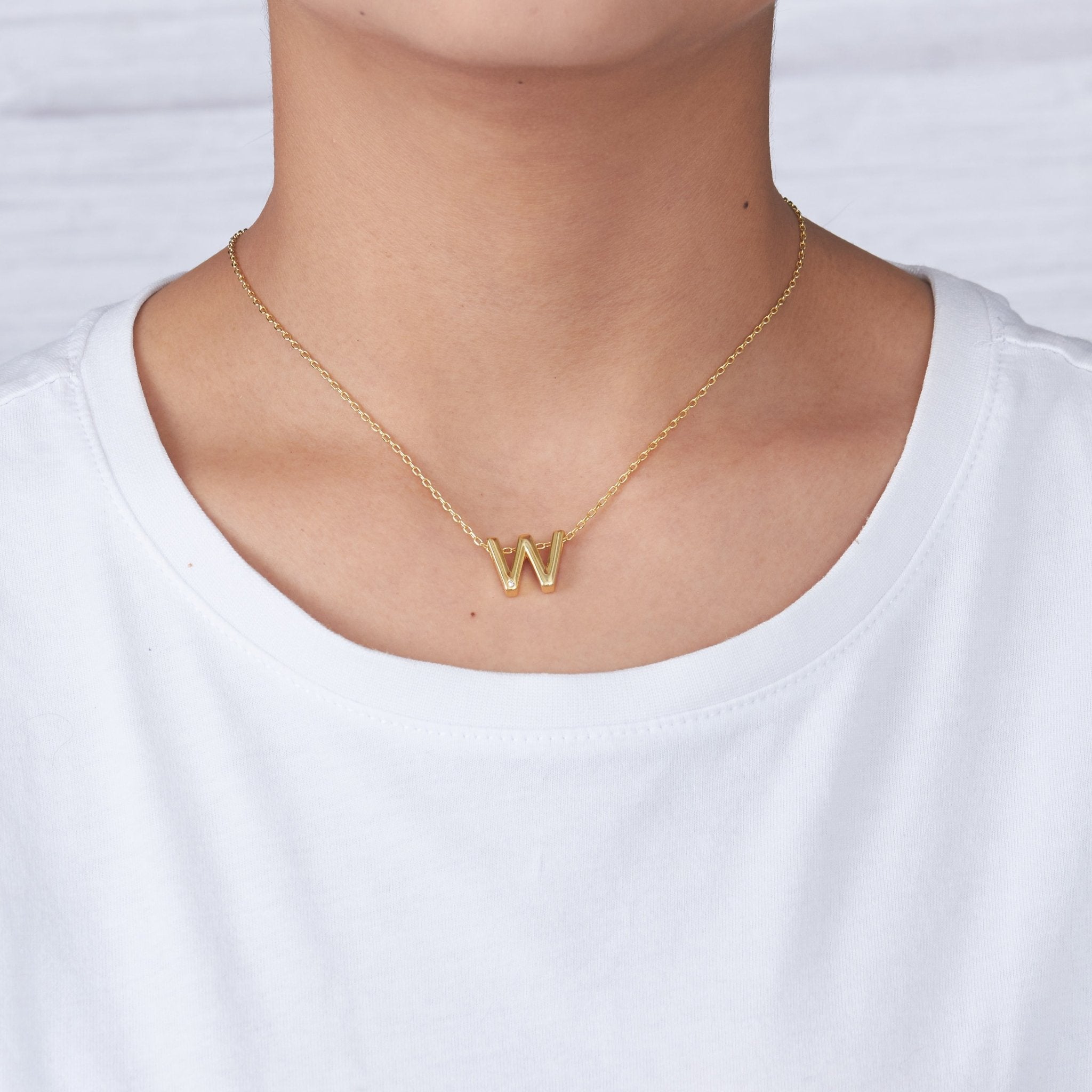 18k Gold Plated Initial Necklace Letter W Created with Zircondia® Crystals
