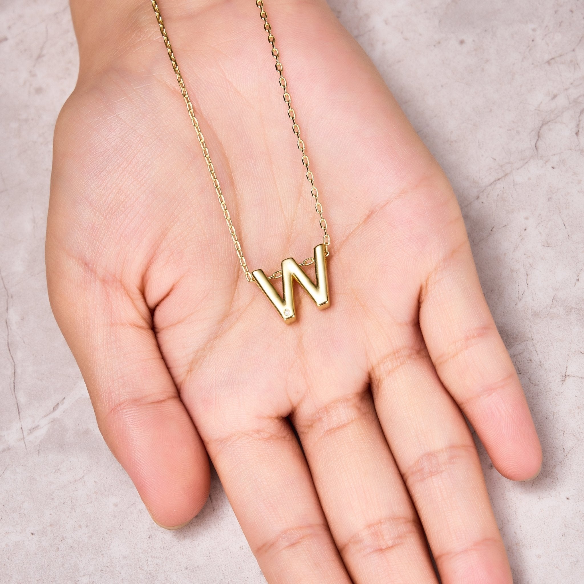 18k Gold Plated Initial Necklace Letter W Created with Zircondia® Crystals