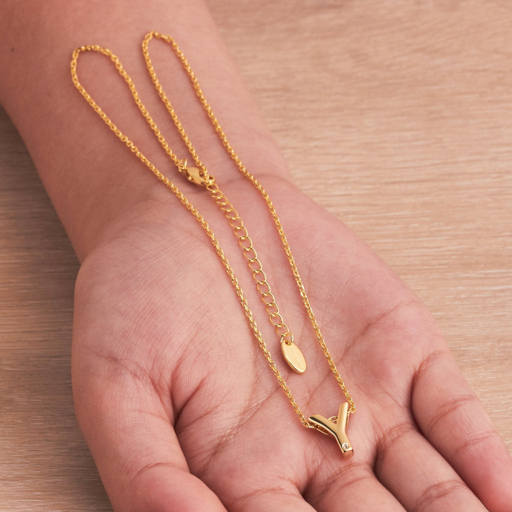 18k Gold Plated Initial Necklace Letter Y Created with Zircondia® Crystals