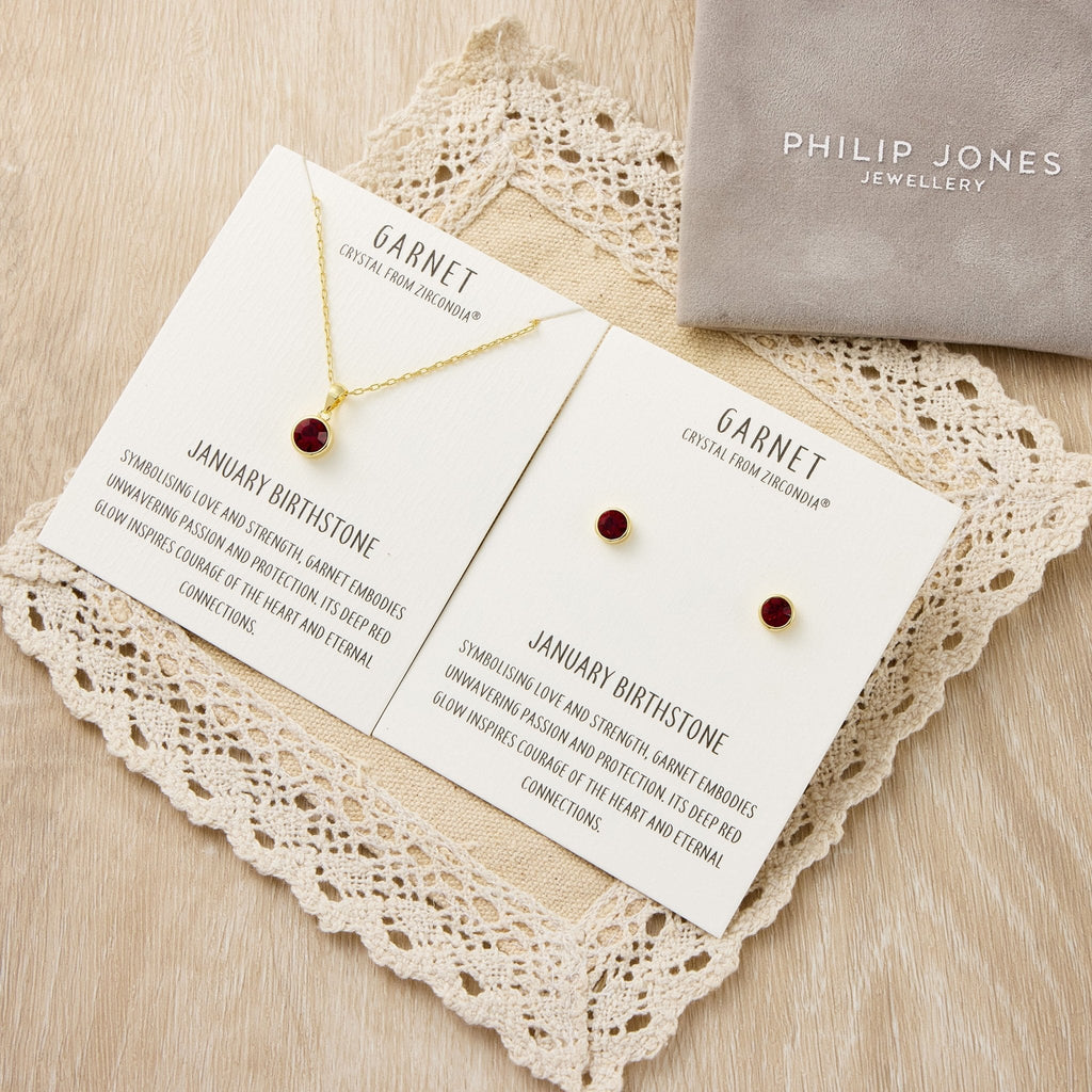 18k Gold Plated January (Garnet) Birthstone Necklace & Earrings Set Created with Zircondia® Crystals