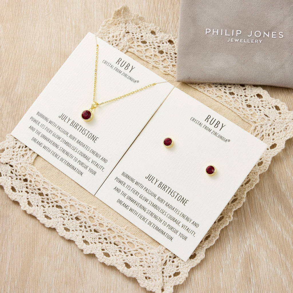 18k Gold Plated July (Ruby) Birthstone Necklace & Earrings Set Created with Zircondia® Crystals