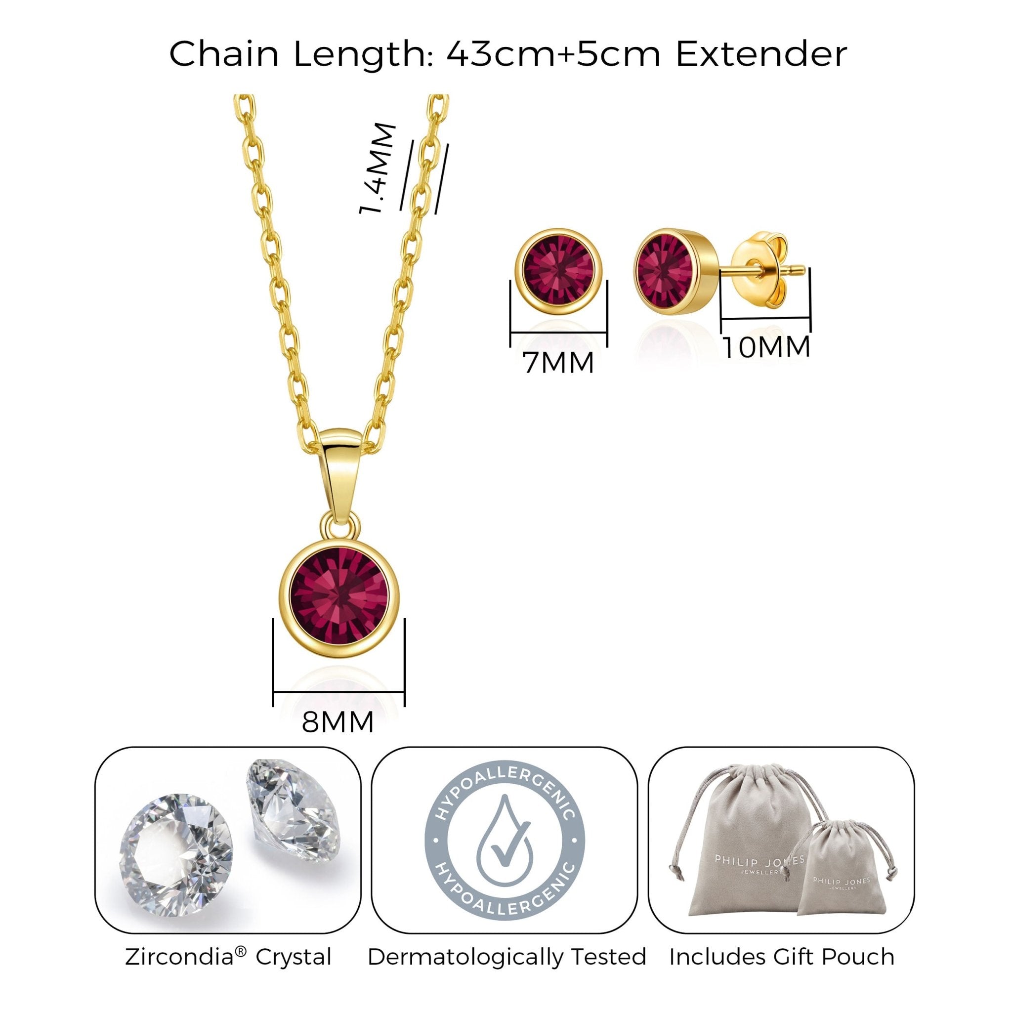 18k Gold Plated July (Ruby) Birthstone Necklace & Earrings Set Created with Zircondia® Crystals