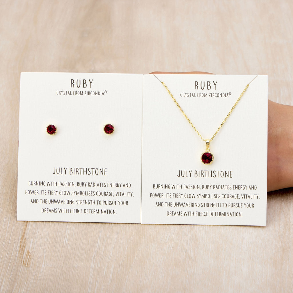 18k Gold Plated July (Ruby) Birthstone Necklace & Earrings Set Created with Zircondia® Crystals