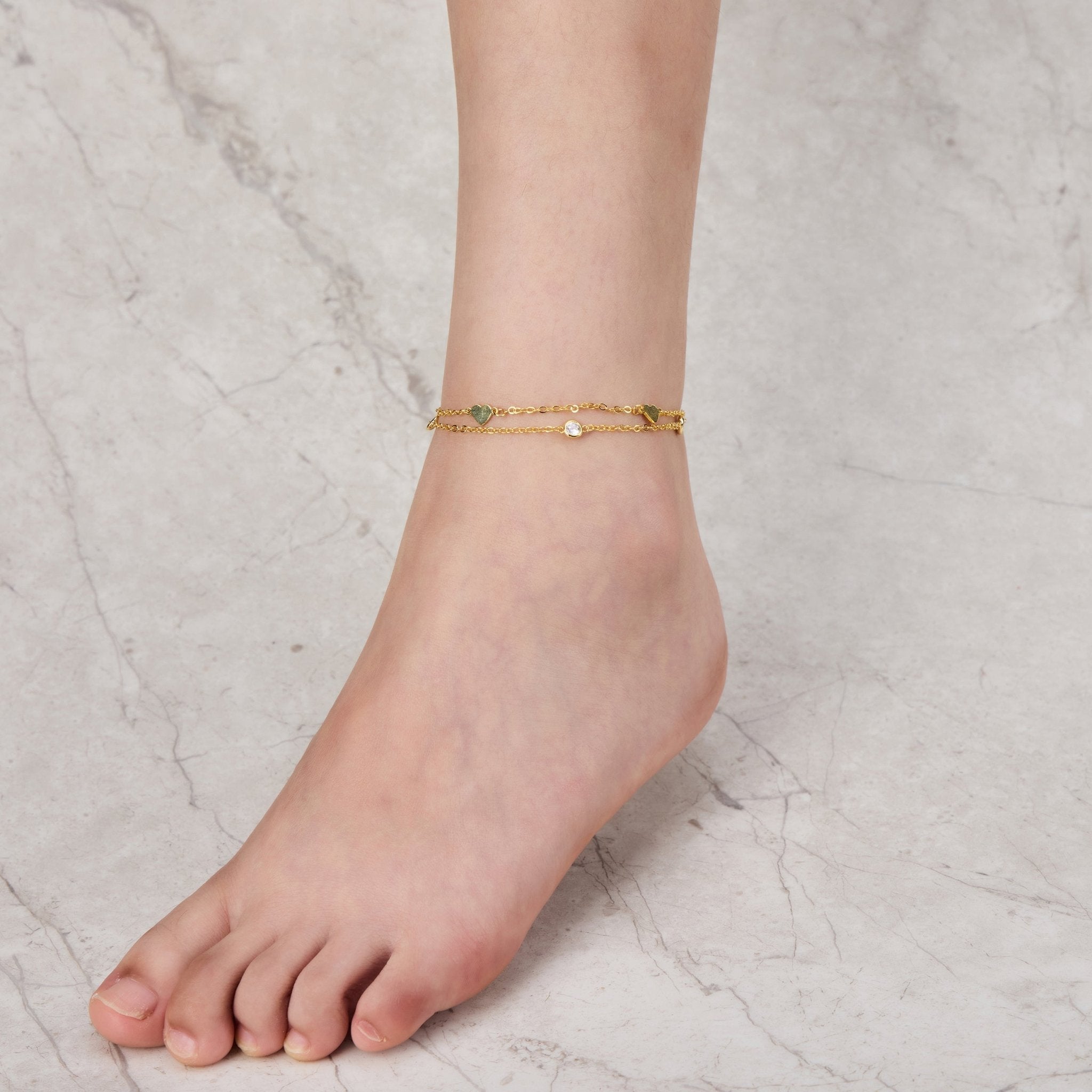 18k Gold Plated Layered Heart Anklet Created with Zircondia® Crystals