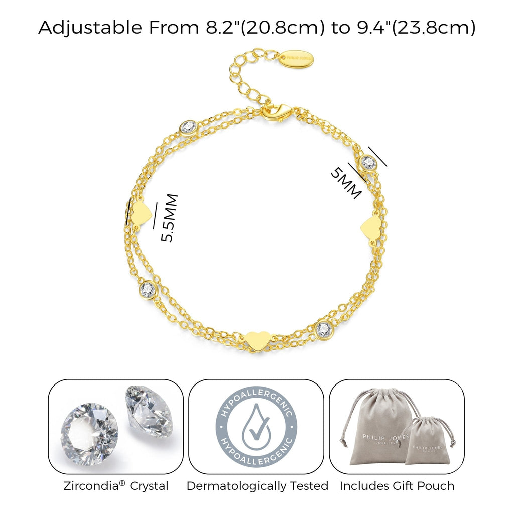18k Gold Plated Layered Heart Anklet Created with Zircondia® Crystals