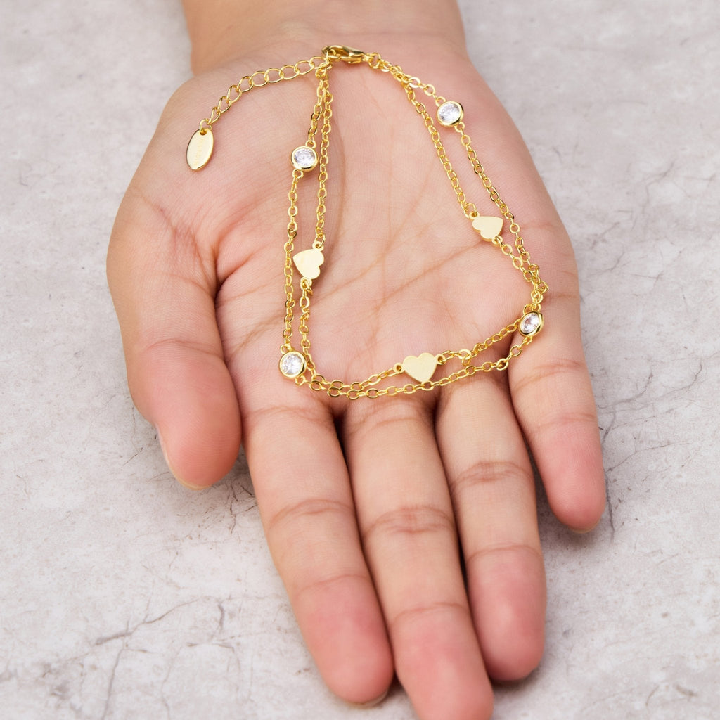 18k Gold Plated Layered Heart Anklet Created with Zircondia® Crystals