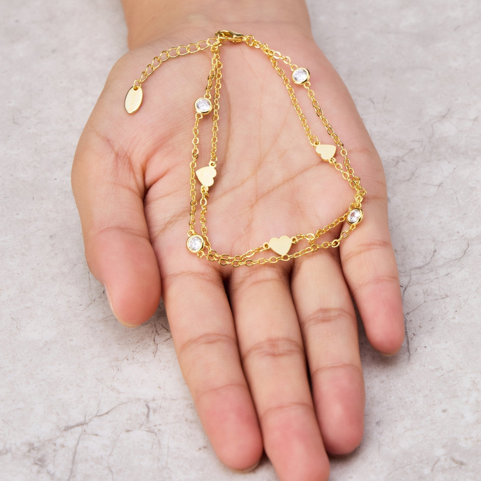 18k Gold Plated Layered Heart Anklet Created with Zircondia® Crystals