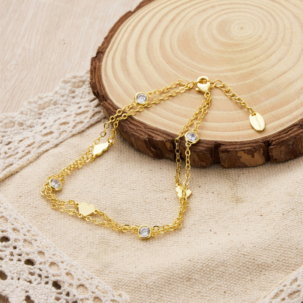 18k Gold Plated Layered Heart Anklet Created with Zircondia® Crystals