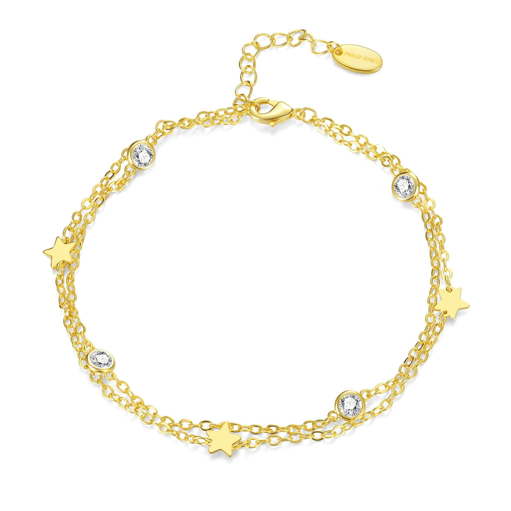 18k Gold Plated Layered Star Anklet Created with Zircondia® Crystals