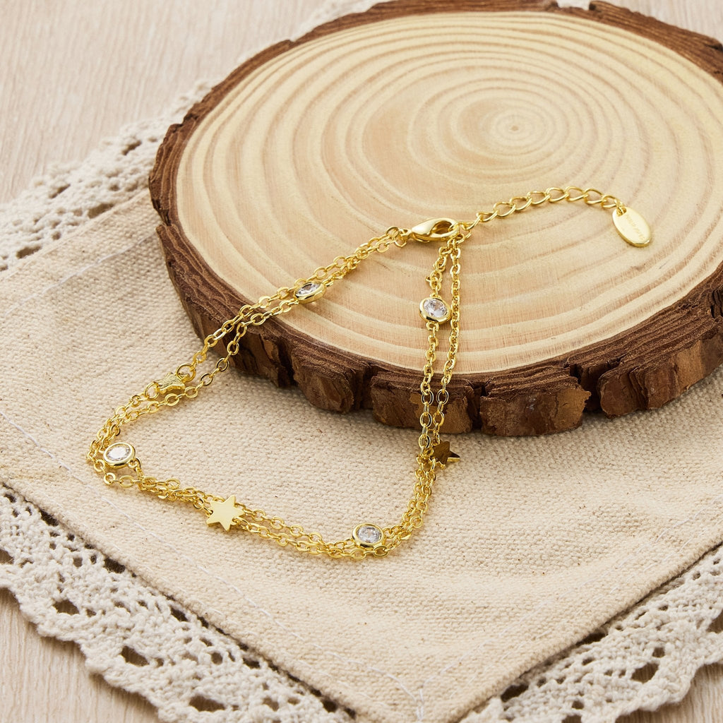 18k Gold Plated Layered Star Anklet Created with Zircondia® Crystals