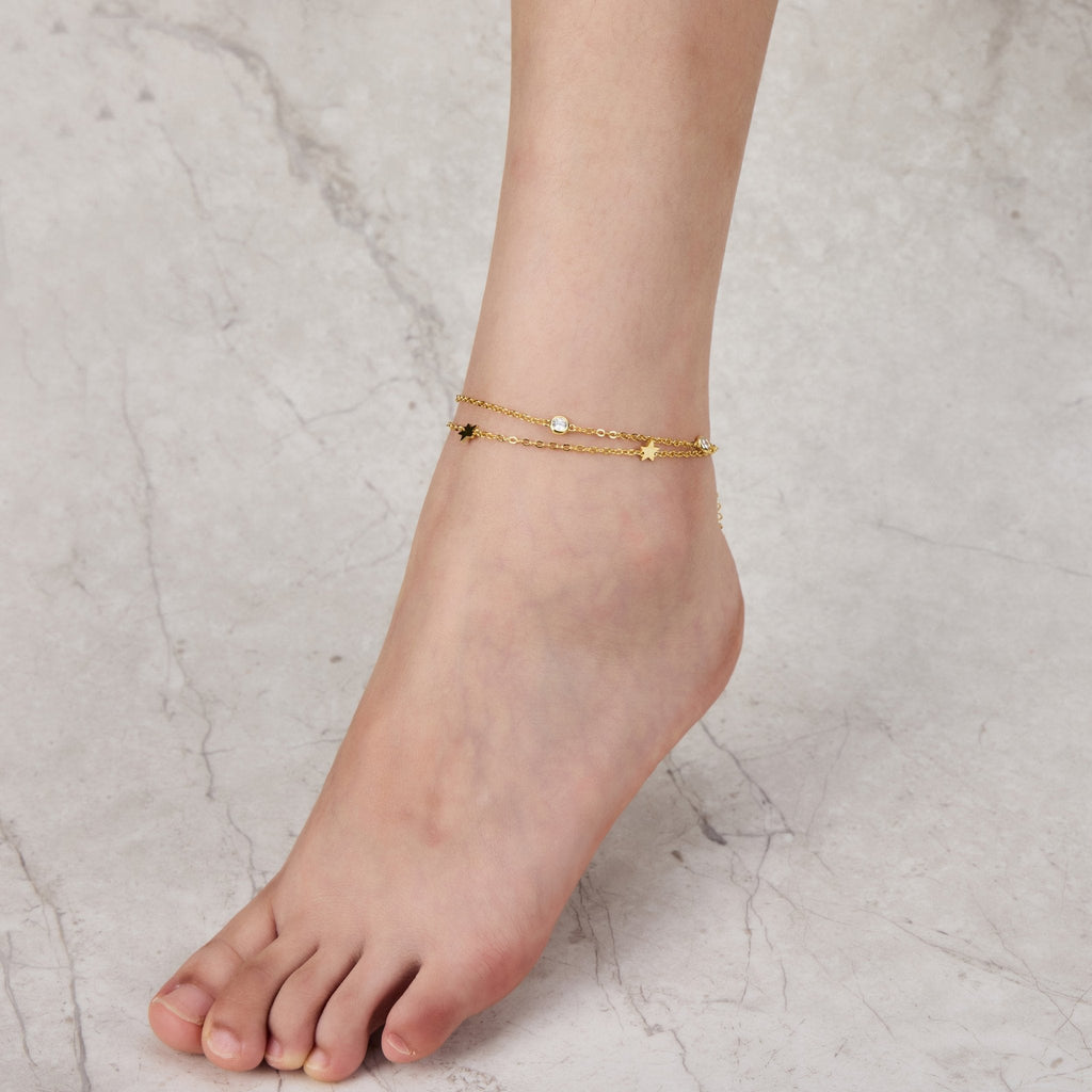 18k Gold Plated Layered Star Anklet Created with Zircondia® Crystals